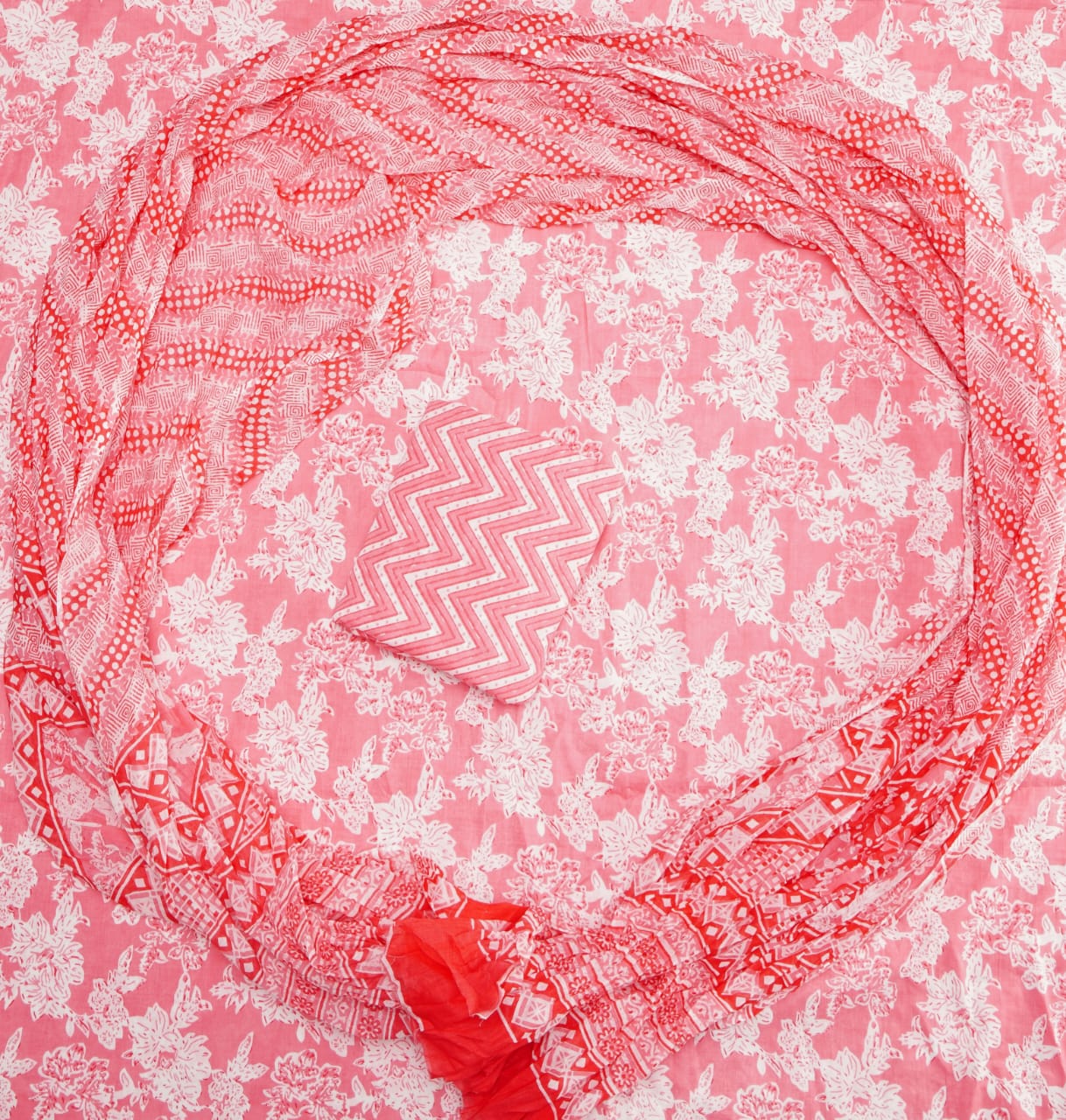 Hand Printed Unstiched Cotton Suit With Mulmul Dupatta