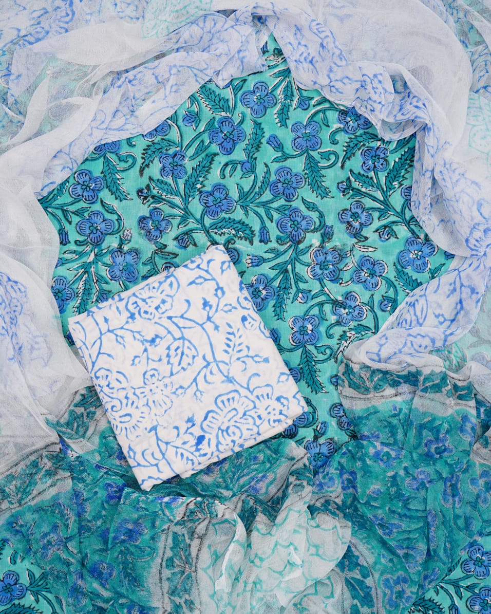 Hand Block Printed Pure Cotton Unstitched Suit With Chiffon Dupatta)