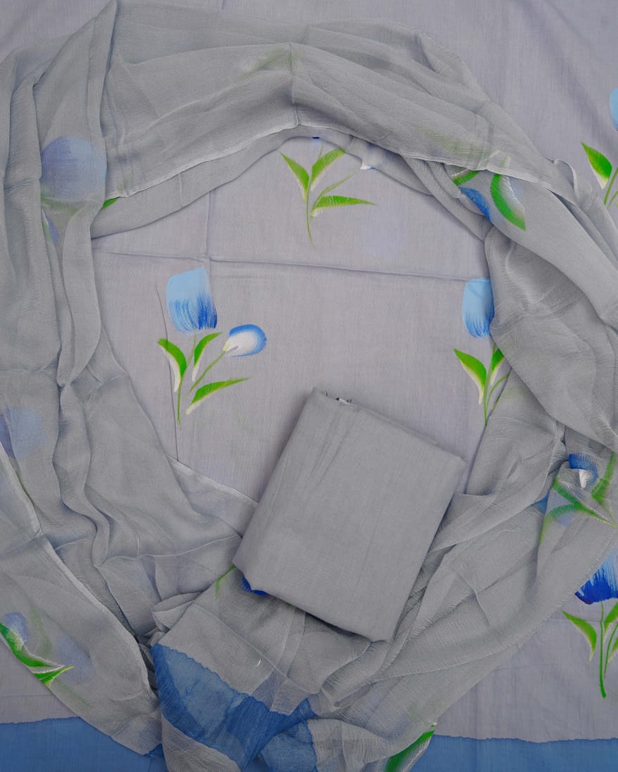 Hand Printed Pure Cotton Unstitched Suit With Chiffon Dupatta