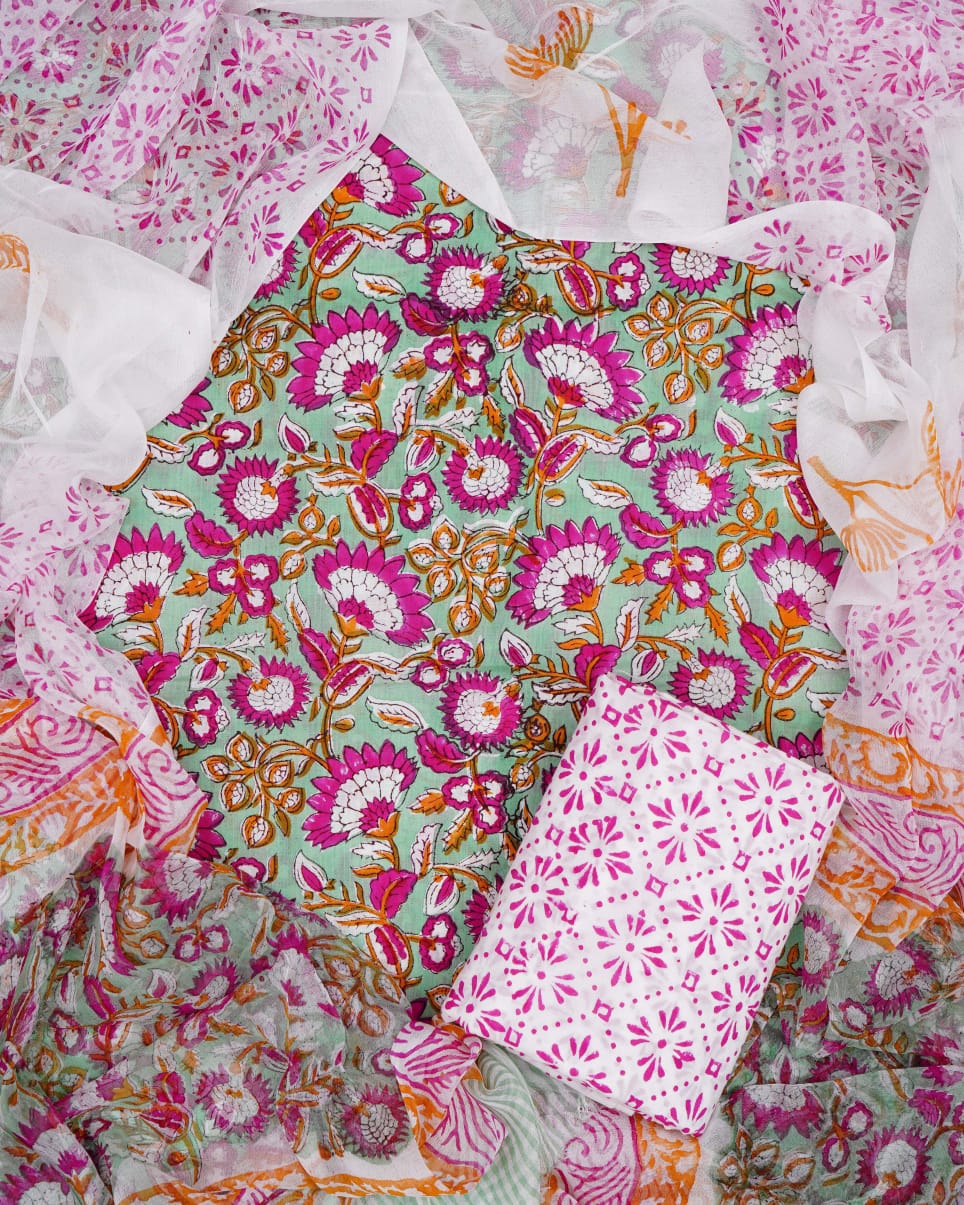 Hand Block Printed Pure Cotton Unstitched Suit With Chiffon Dupatta