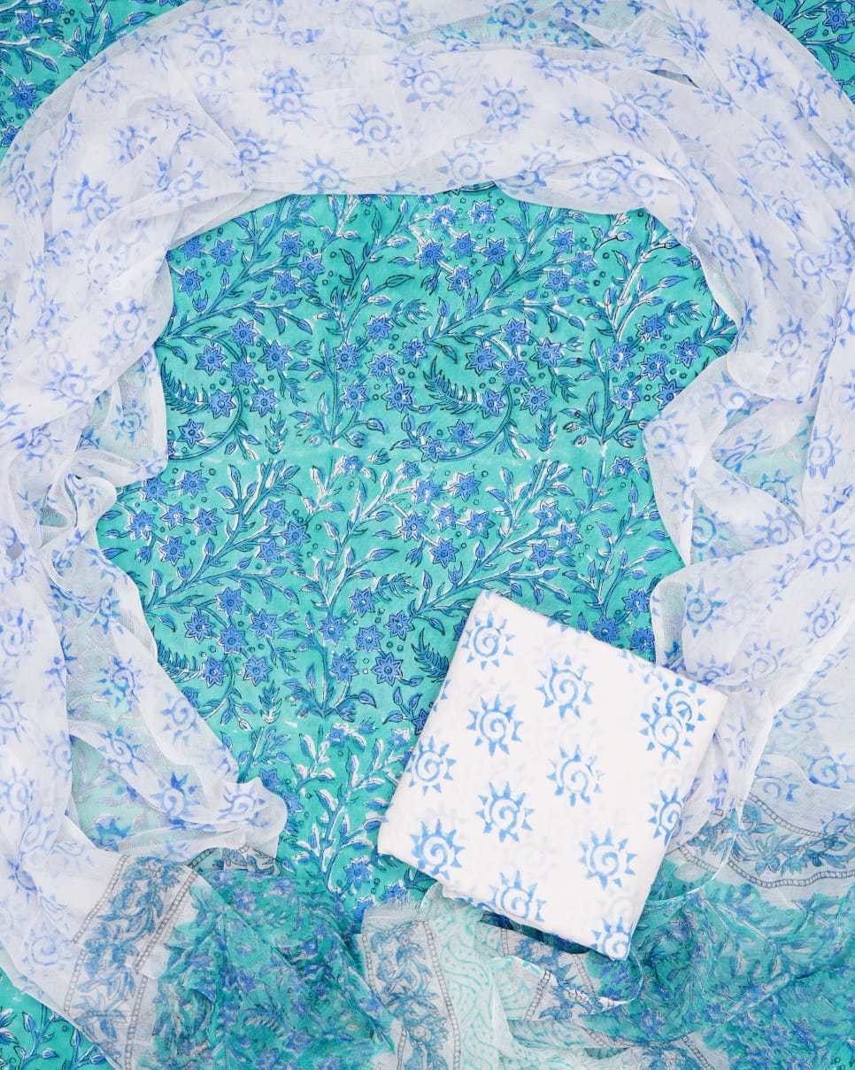 Hand Block Printed Pure Cotton Unstitched Suit With Chiffon Dupatta