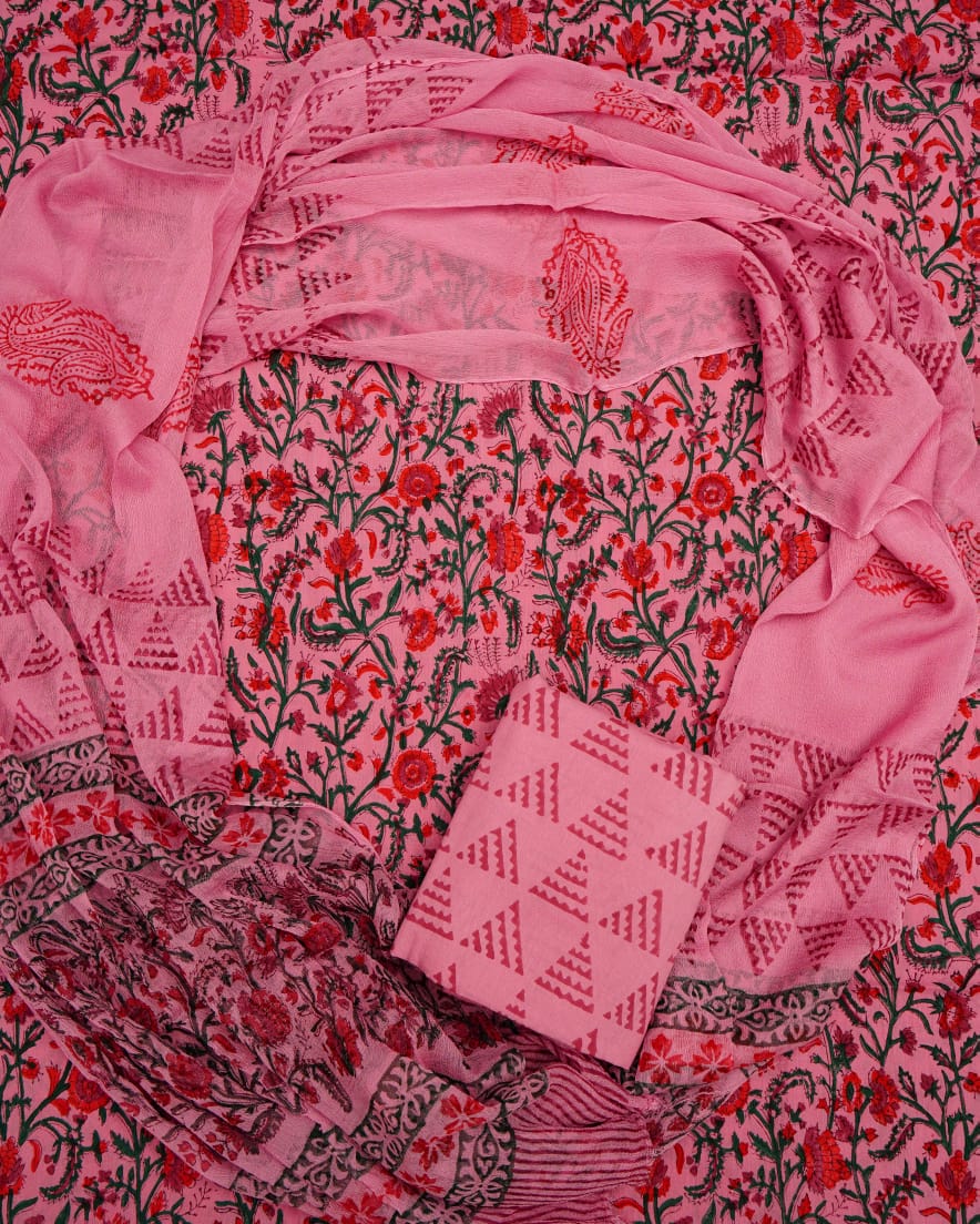 Hand Block Printed Pure Cotton Unstitched Suit With Chiffon Dupatta