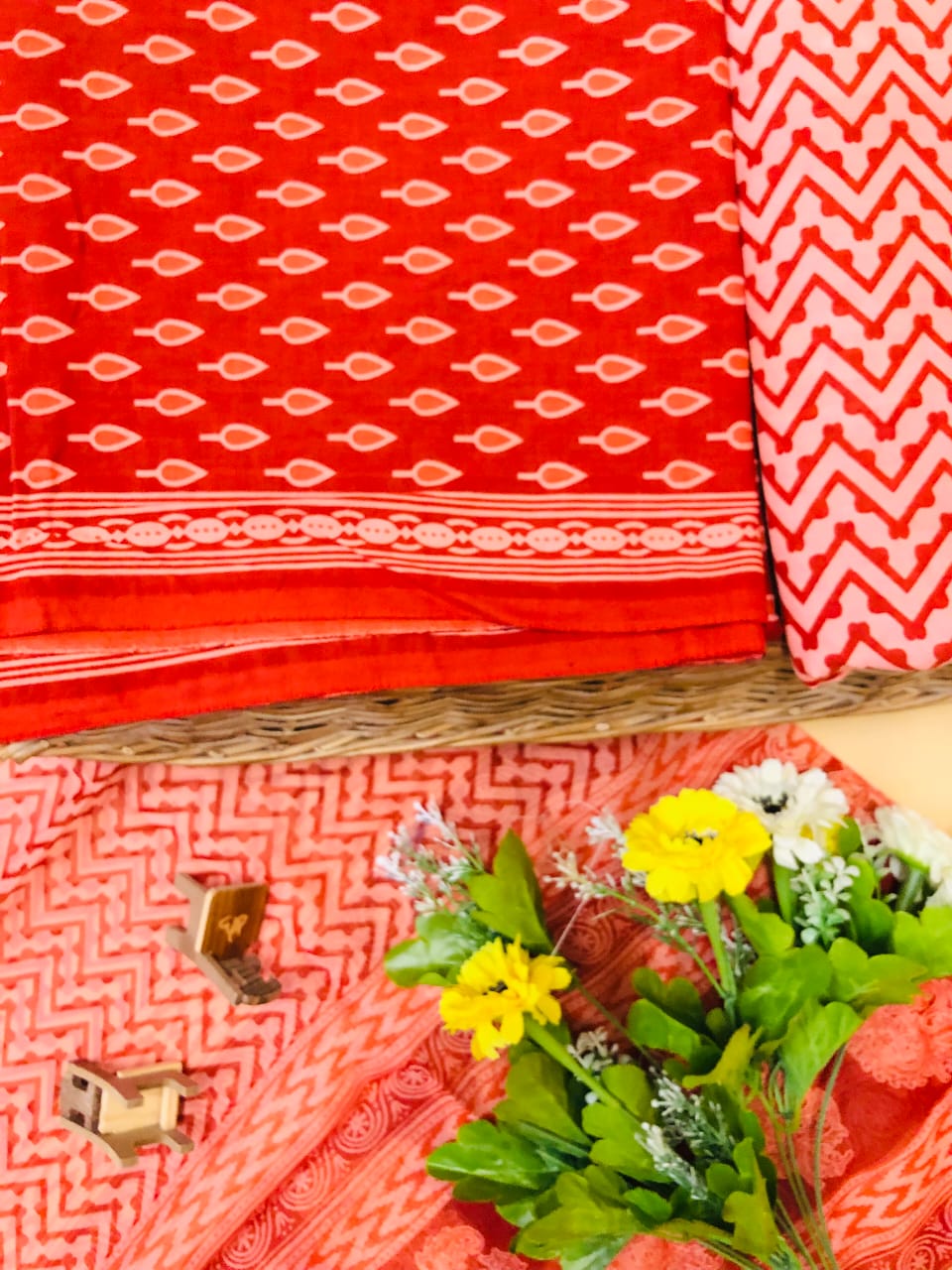 Hand Block Printed Pure Cotton Unstitched Suit With Chiffon Dupatta