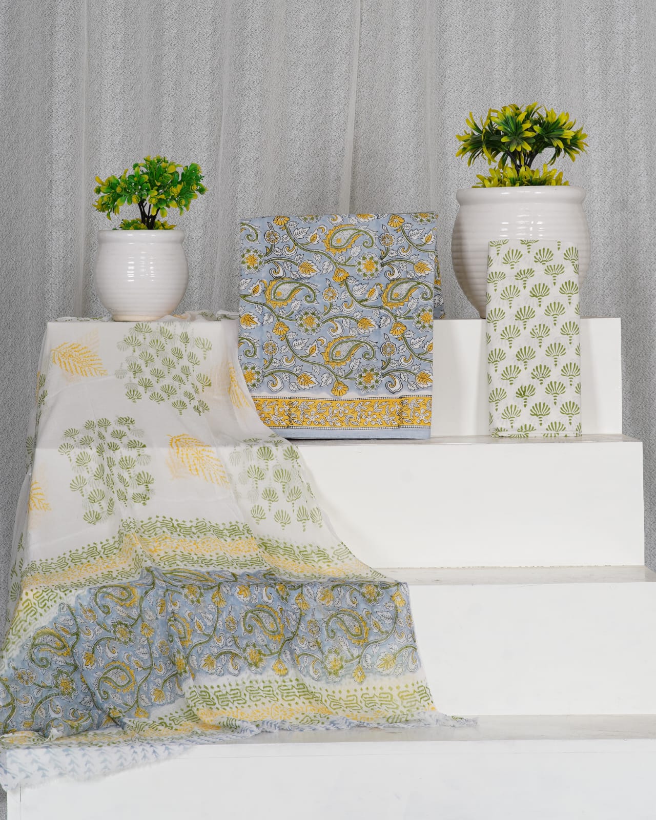 Hand Block Printed Pure Cotton Unstitched Suit With Chiffon Dupatta