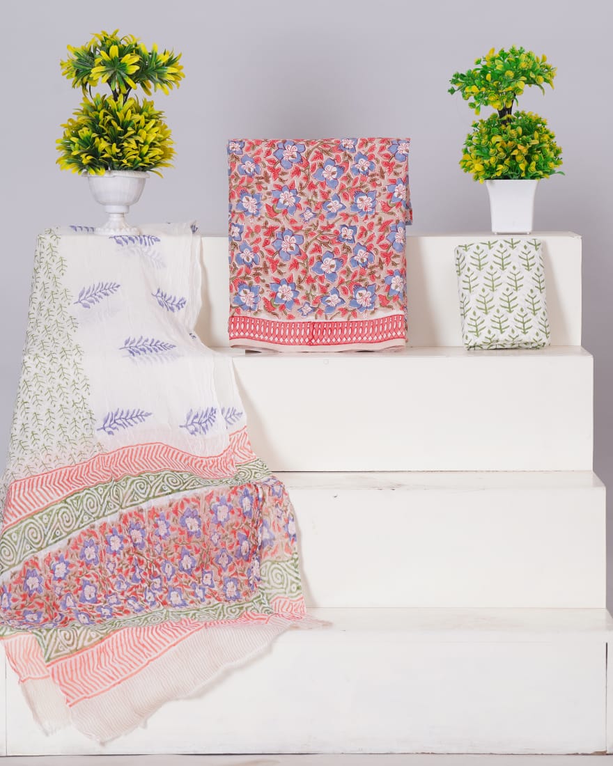 Hand Block Printed Pure Cotton Unstitched Suit With Chiffon Dupatta