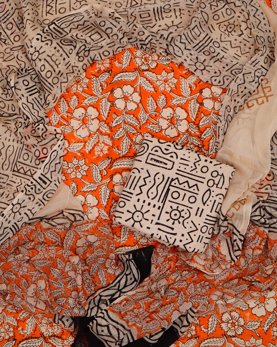 Hand Block Printed Pure Cotton Unstitched Suit With Chiffon Dupatta