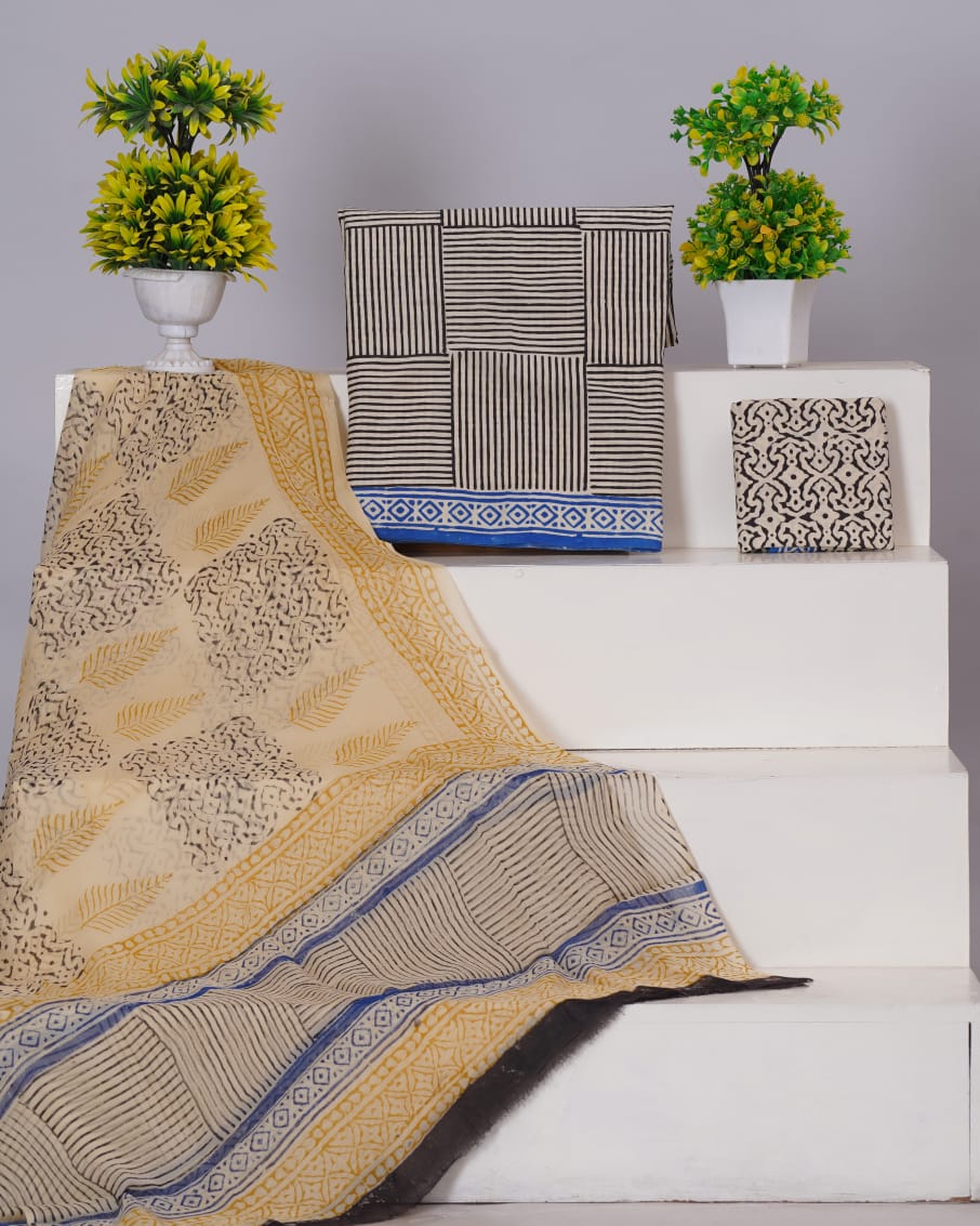 Hand Block Printed Pure Cotton Unstitched Suit With Chiffon Dupatta