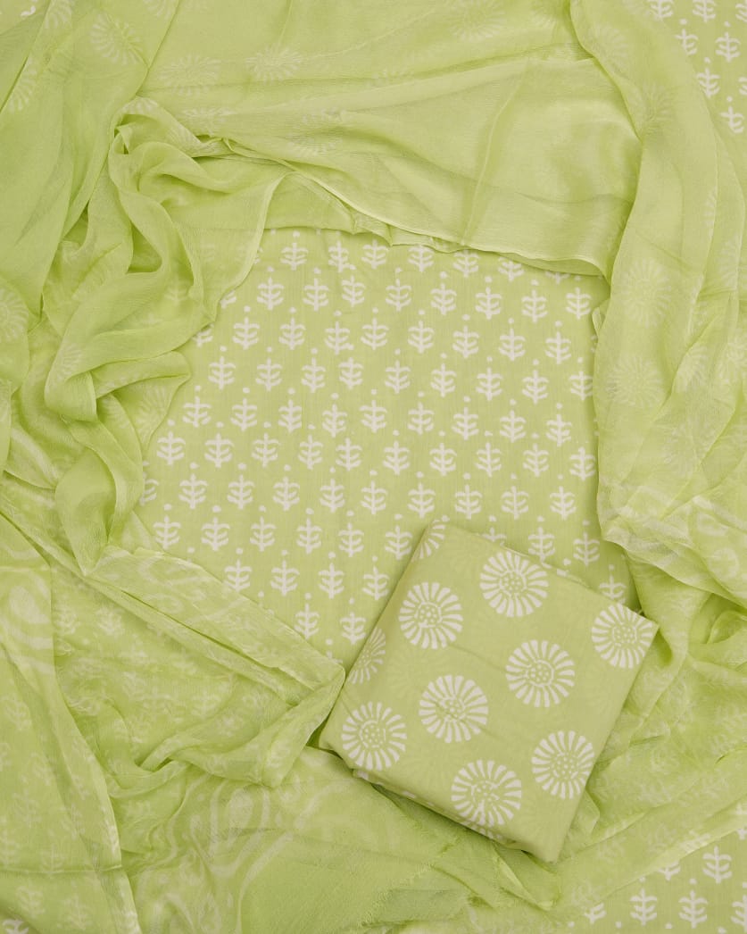 Hand Block Printed Pure Cotton Unstitched Suit With Chiffon Dupatta