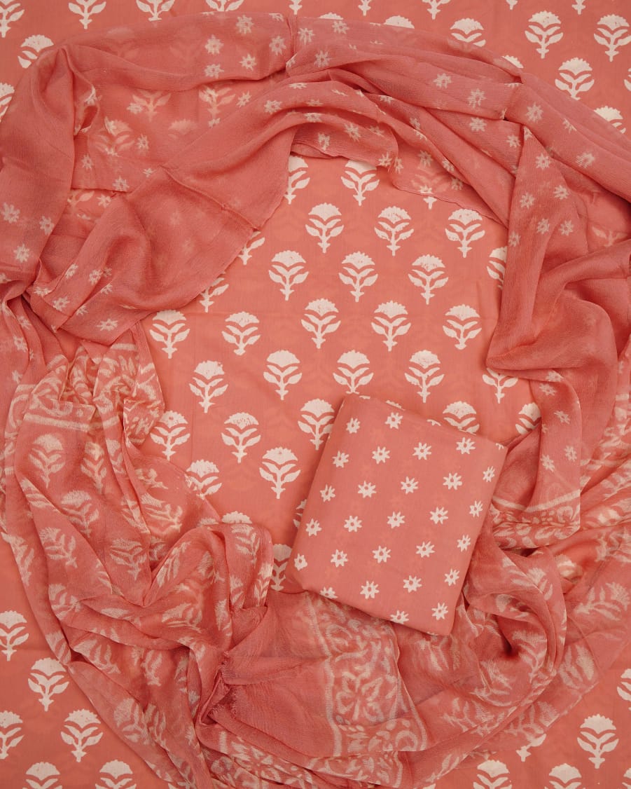 Hand Block Printed Pure Cotton Unstitched Suit With Chiffon Dupatta