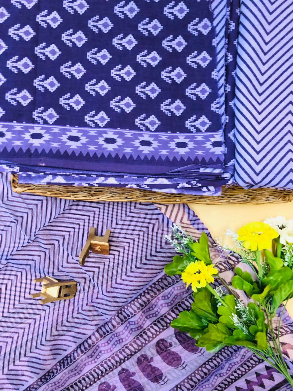 Hand Block Printed Pure Cotton Unstitched Suit With Chiffon Dupatta