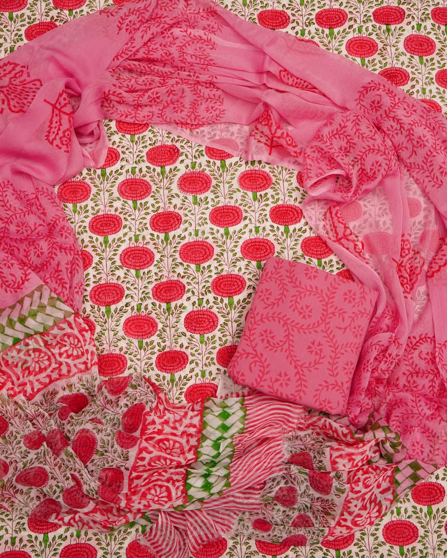 Hand Block Printed Pure Cotton Unstitched Suit With Chiffon Dupatta