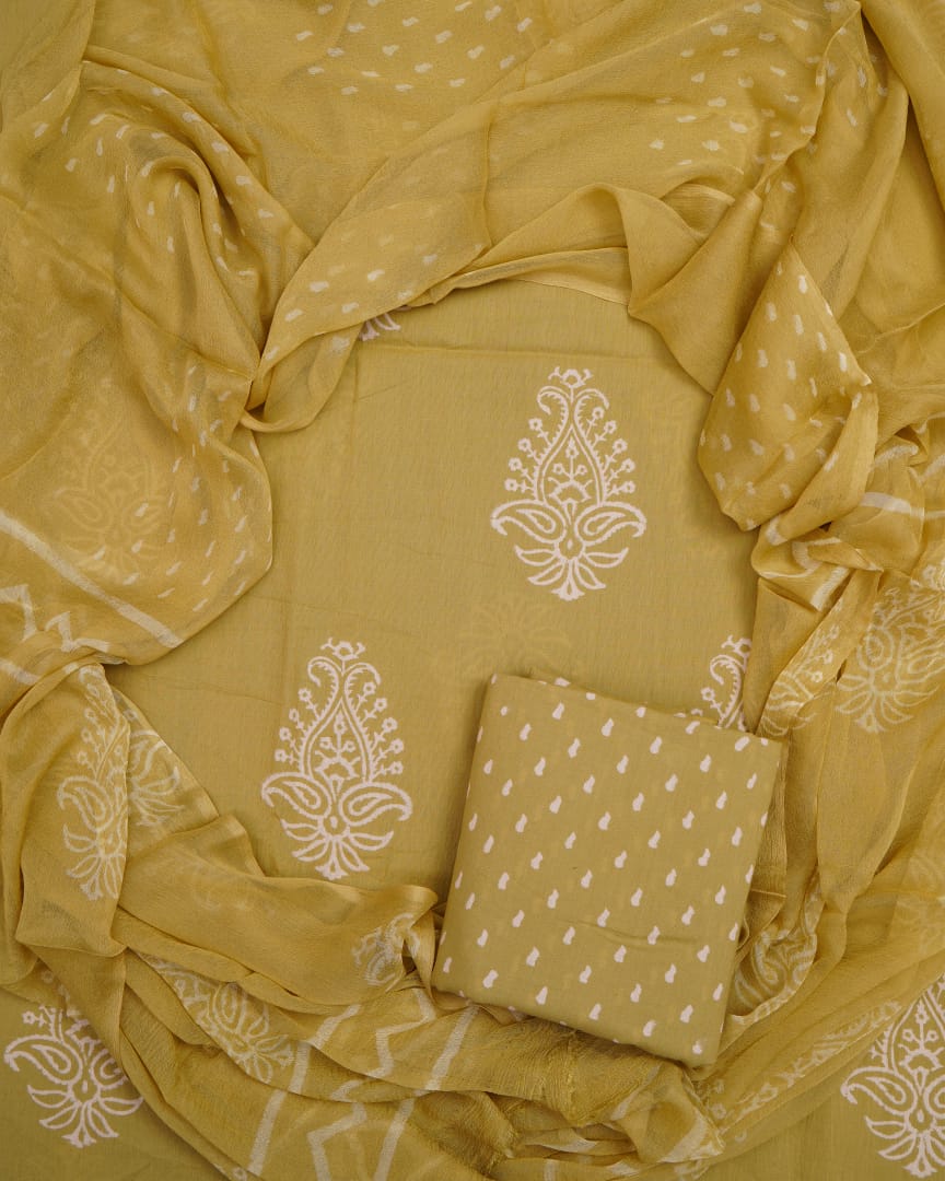 Hand Block Printed Pure Cotton Unstitched Suit With Chiffon Dupatta