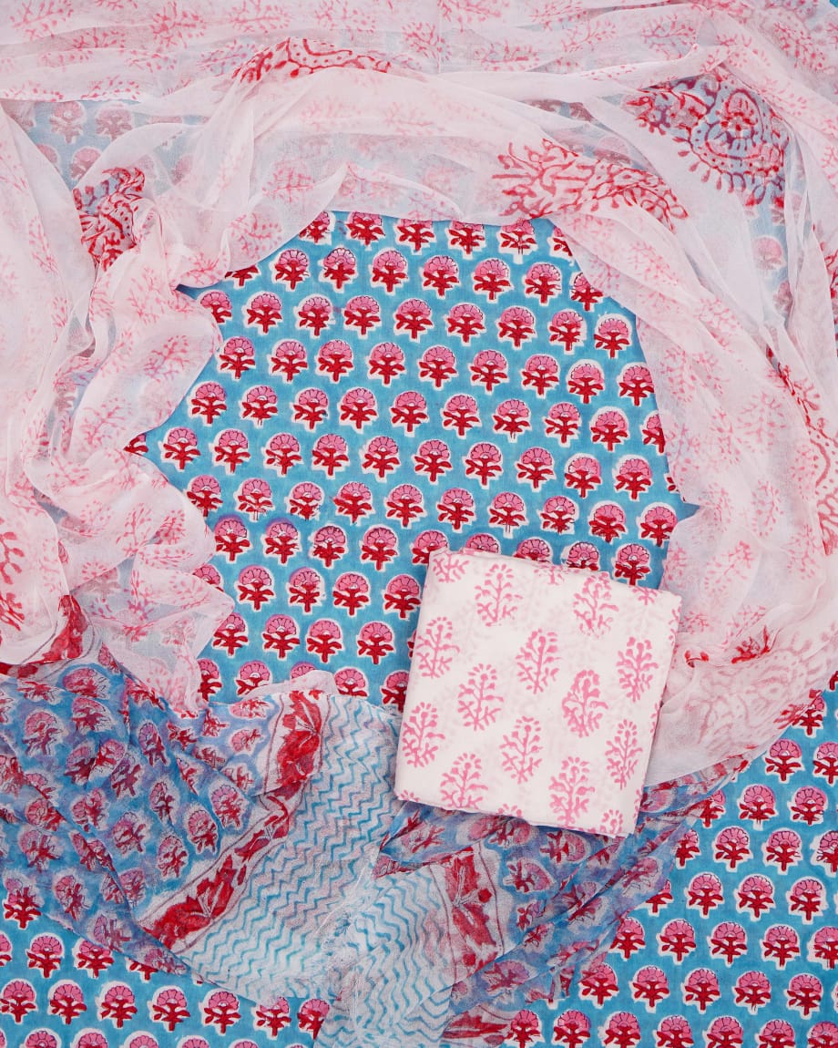 Hand Block Printed Pure Cotton Unstitched Suit With Chiffon Dupatta
