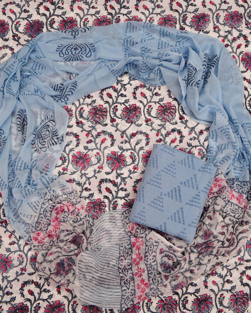 Hand Block Printed Pure Cotton Unstitched Suit With Chiffon Dupatta