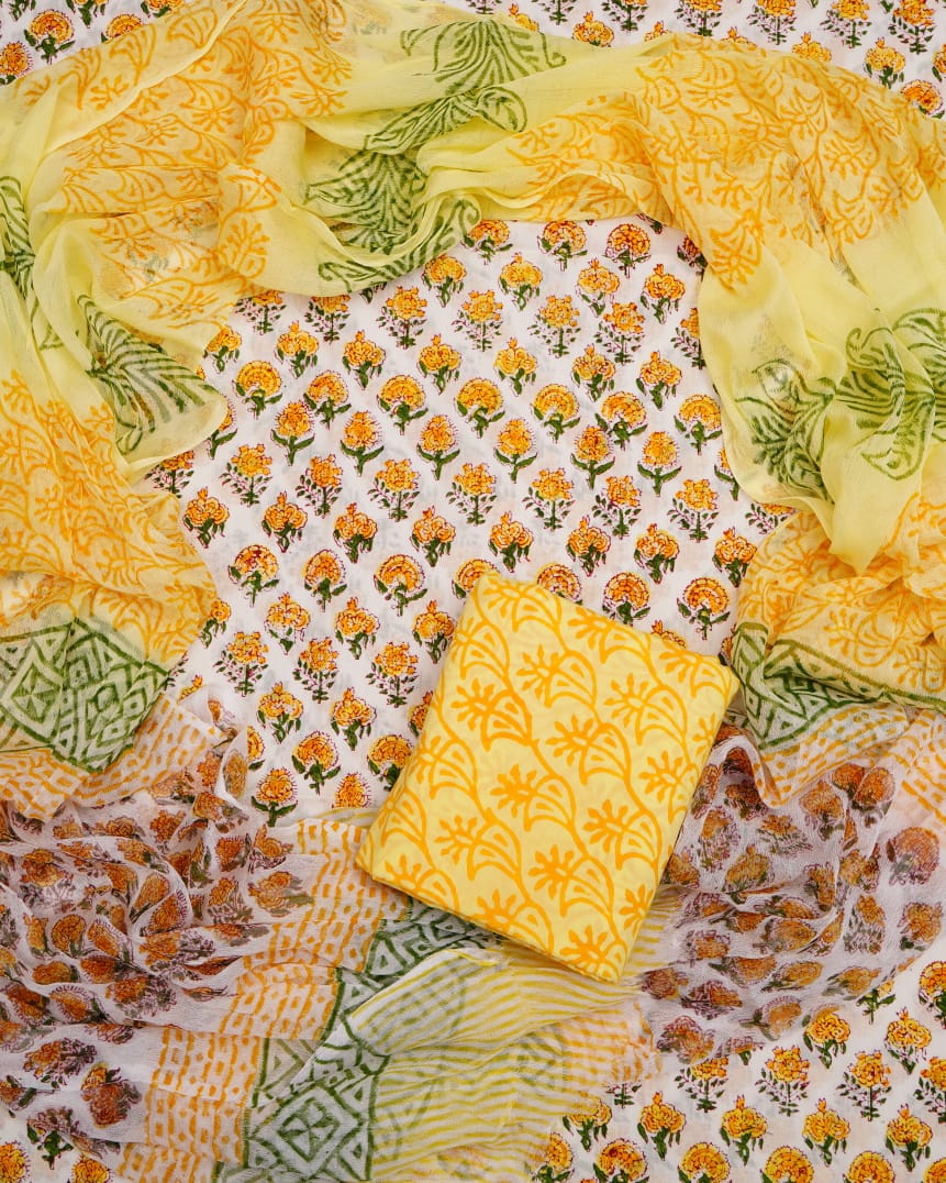 Hand Block Printed Pure Cotton Unstitched Suit With Chiffon Dupatta