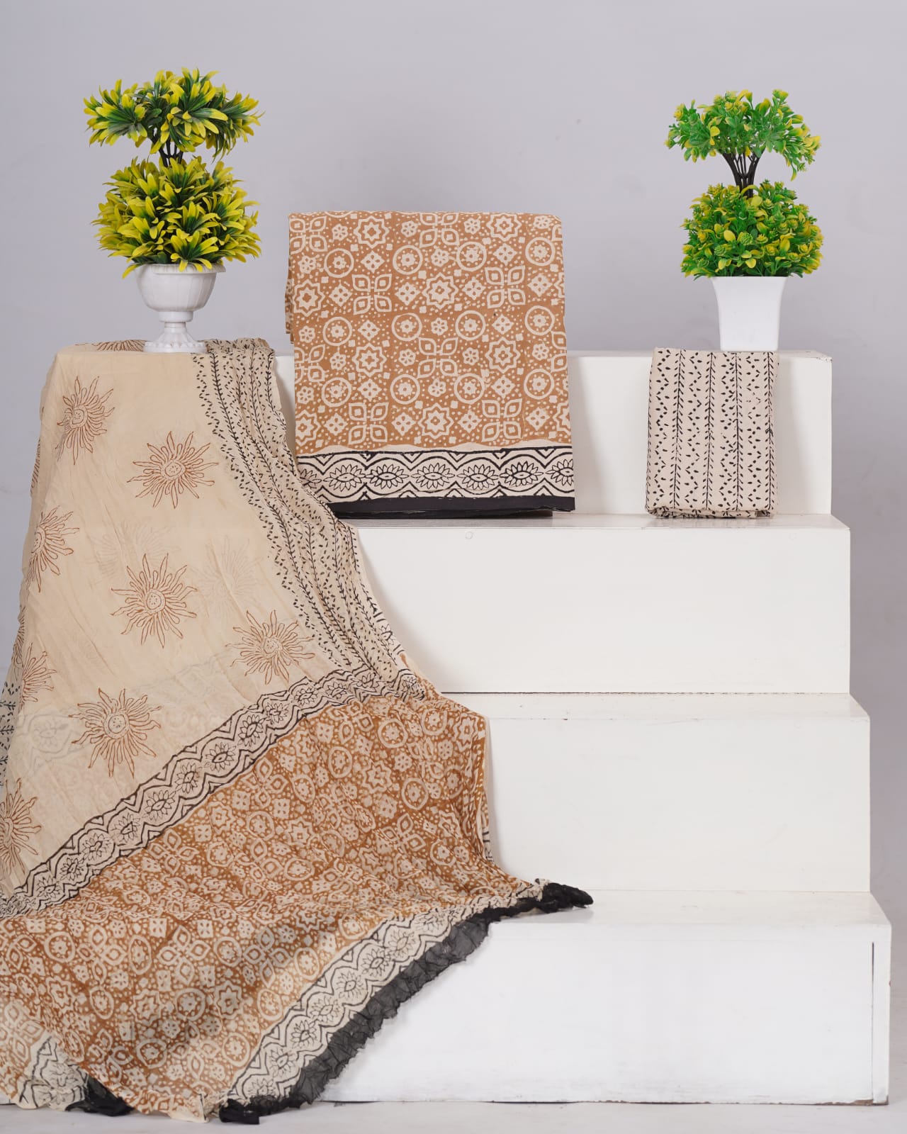 Hand Block Printed Pure Cotton Unstitched Suit With Chiffon Dupatta