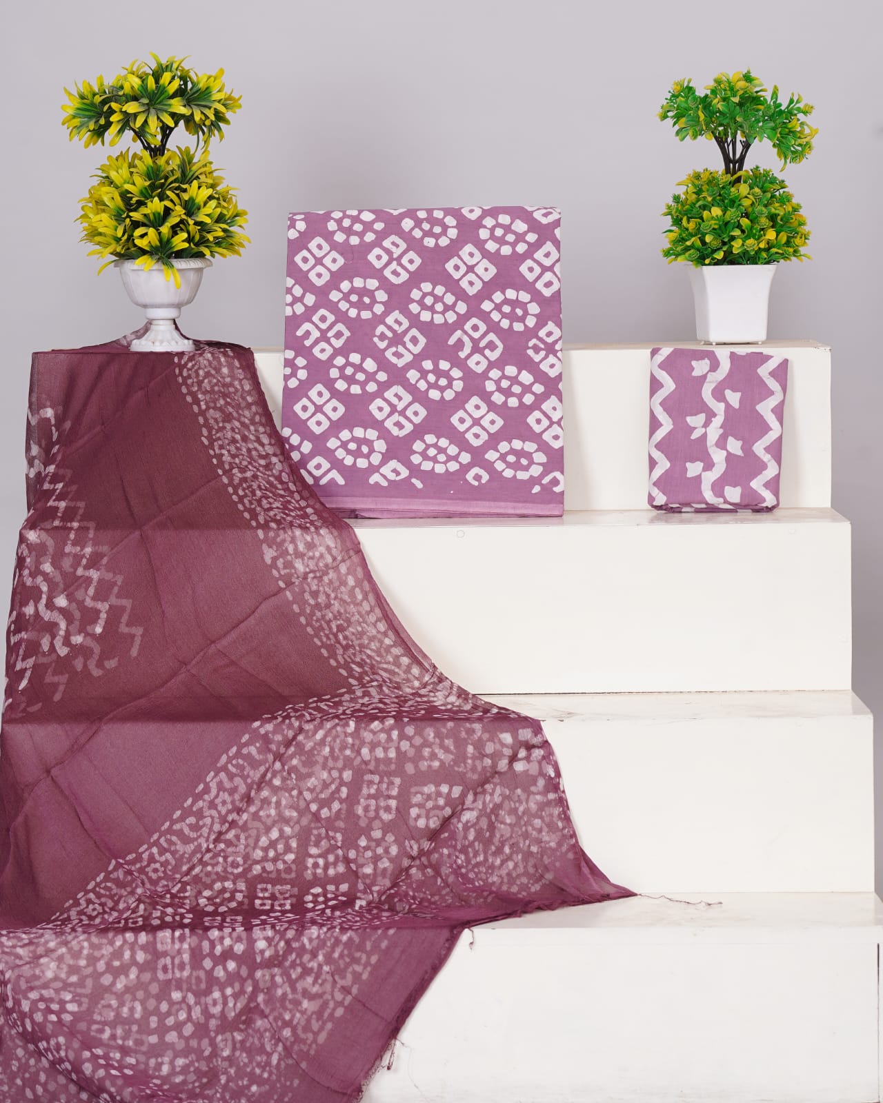 Hand Block Printed Pure Cotton Unstitched Suit With Chiffon Dupatta