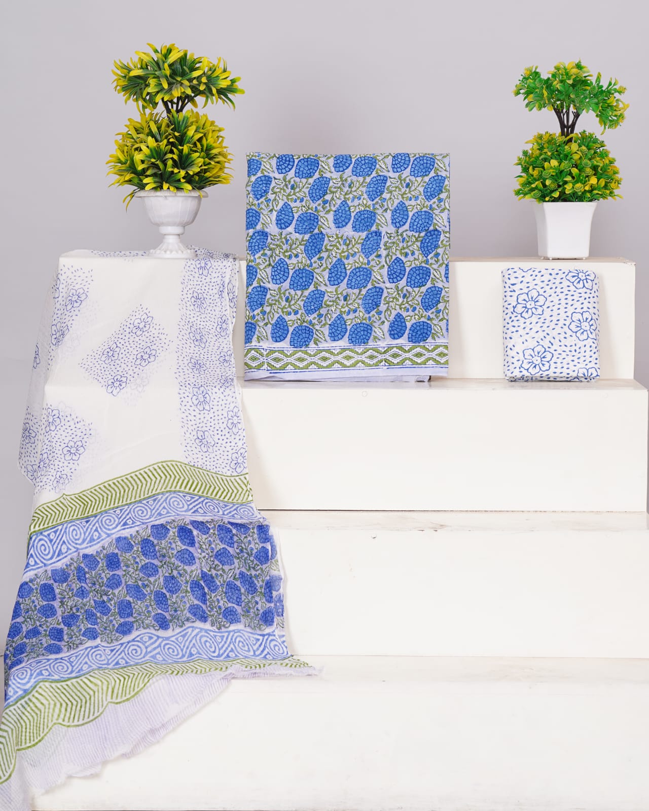 Hand Block Printed Pure Cotton Unstitched Suit With Chiffon Dupatta