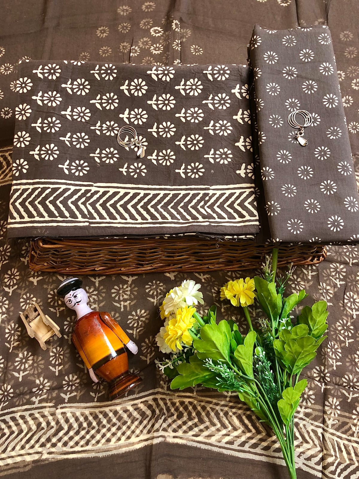 Hand Block Printed Pure Cotton Unstitched Suit With Chiffon Dupatta