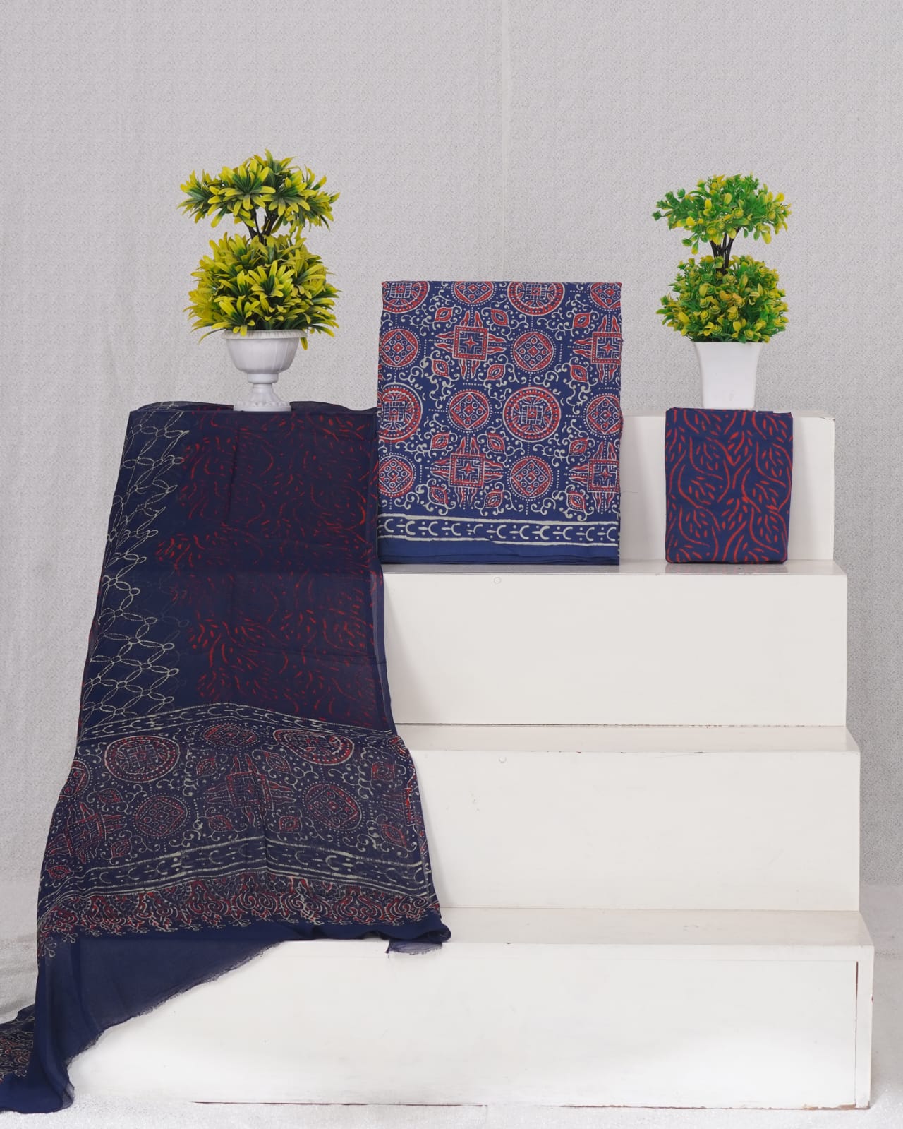 Hand Block Printed Pure Cotton Unstitched Suit With Chiffon Dupatta