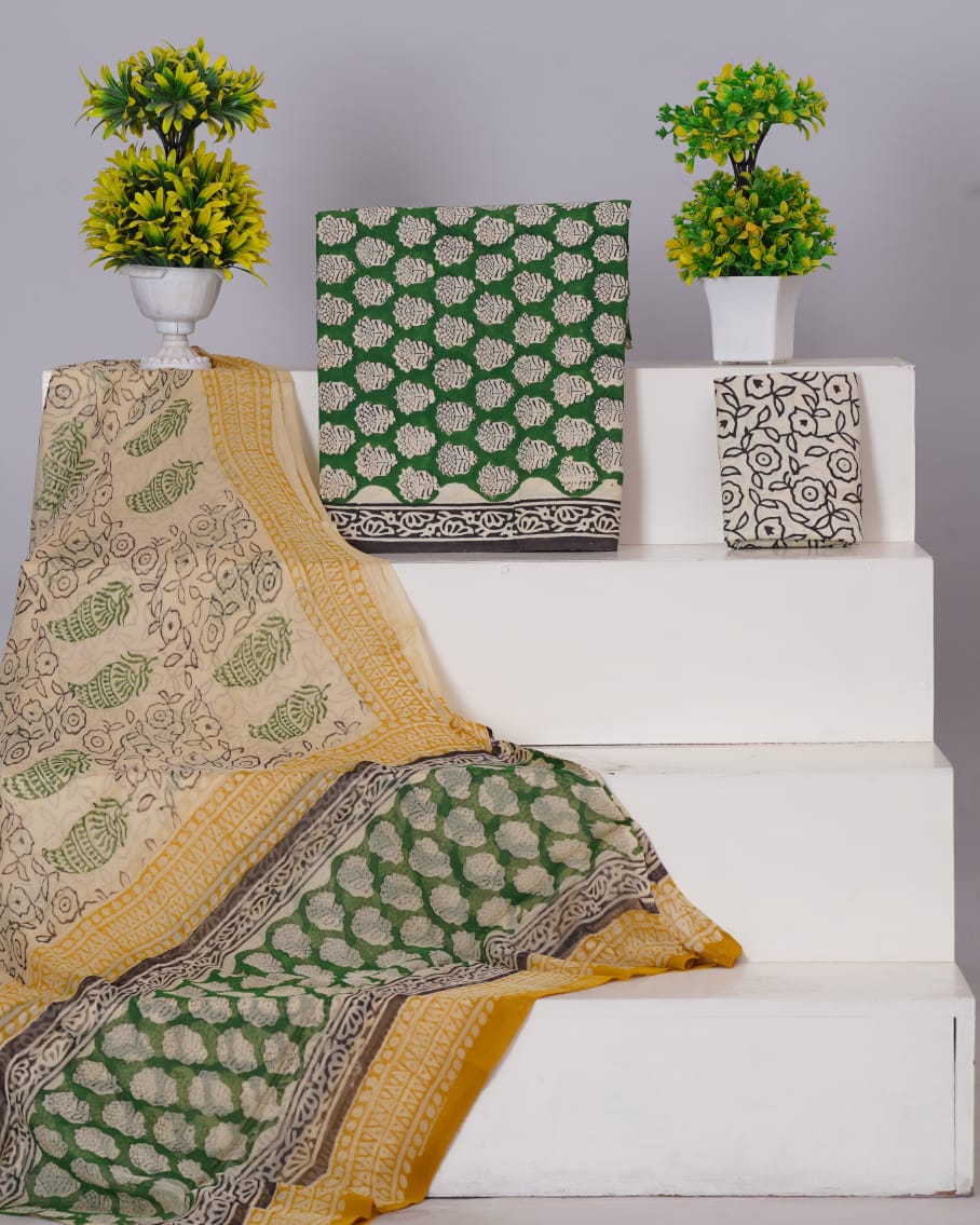 Hand Block Printed Pure Cotton Unstitched Suit With Chiffon Dupatta
