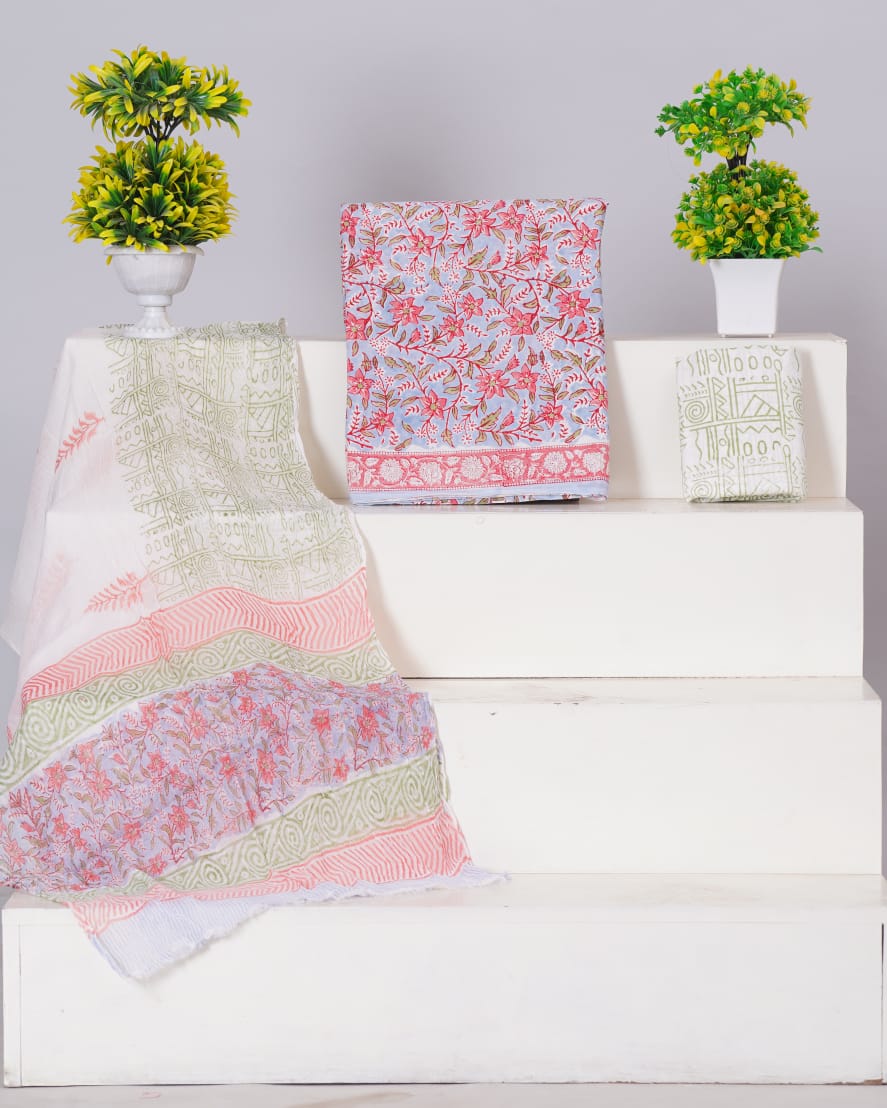 Hand Block Printed Pure Cotton Unstitched Suit With Chiffon Dupatta