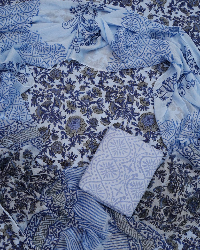 Hand Block Printed Pure Cotton Unstitched Suit With Chiffon Dupatta
