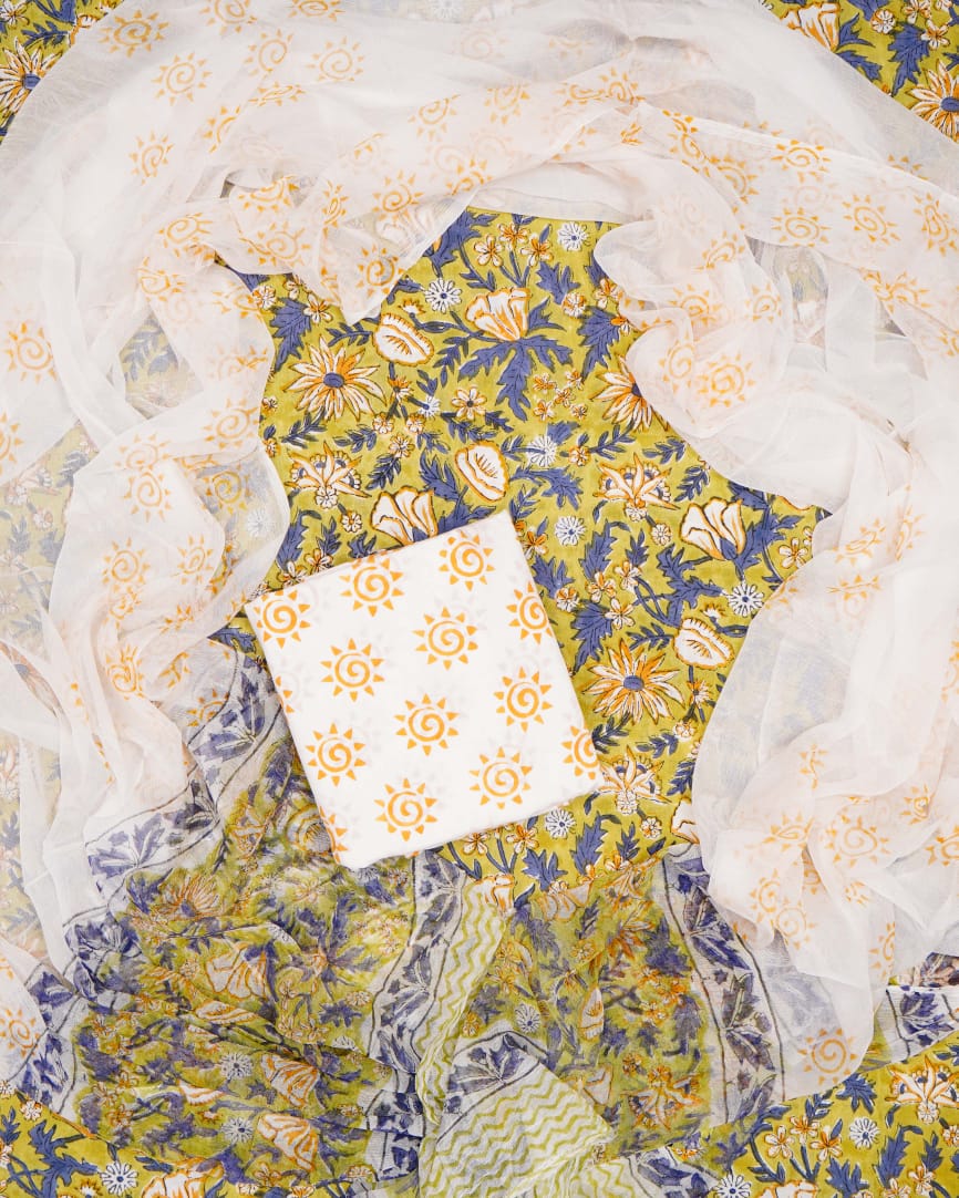Hand Block Printed Pure Cotton Unstitched Suit With Chiffon Dupatta