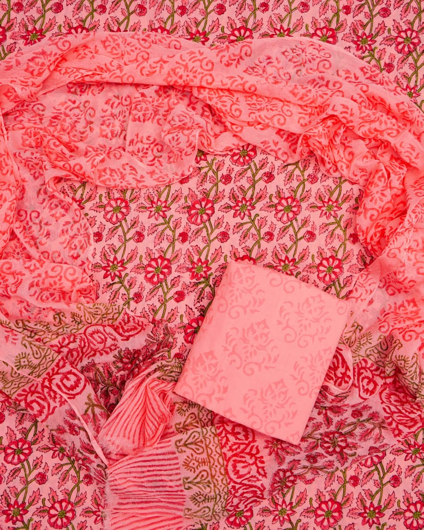 Hand Block Printed Pure Cotton Unstitched Suit With Chiffon Dupatta
