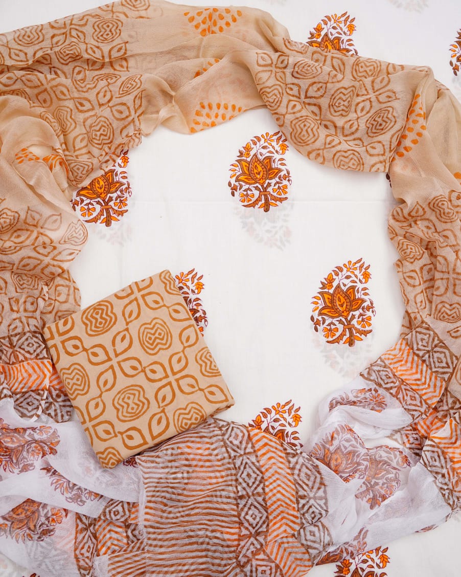 Hand Block Printed Pure Cotton Unstitched Suit With Chiffon Dupatta