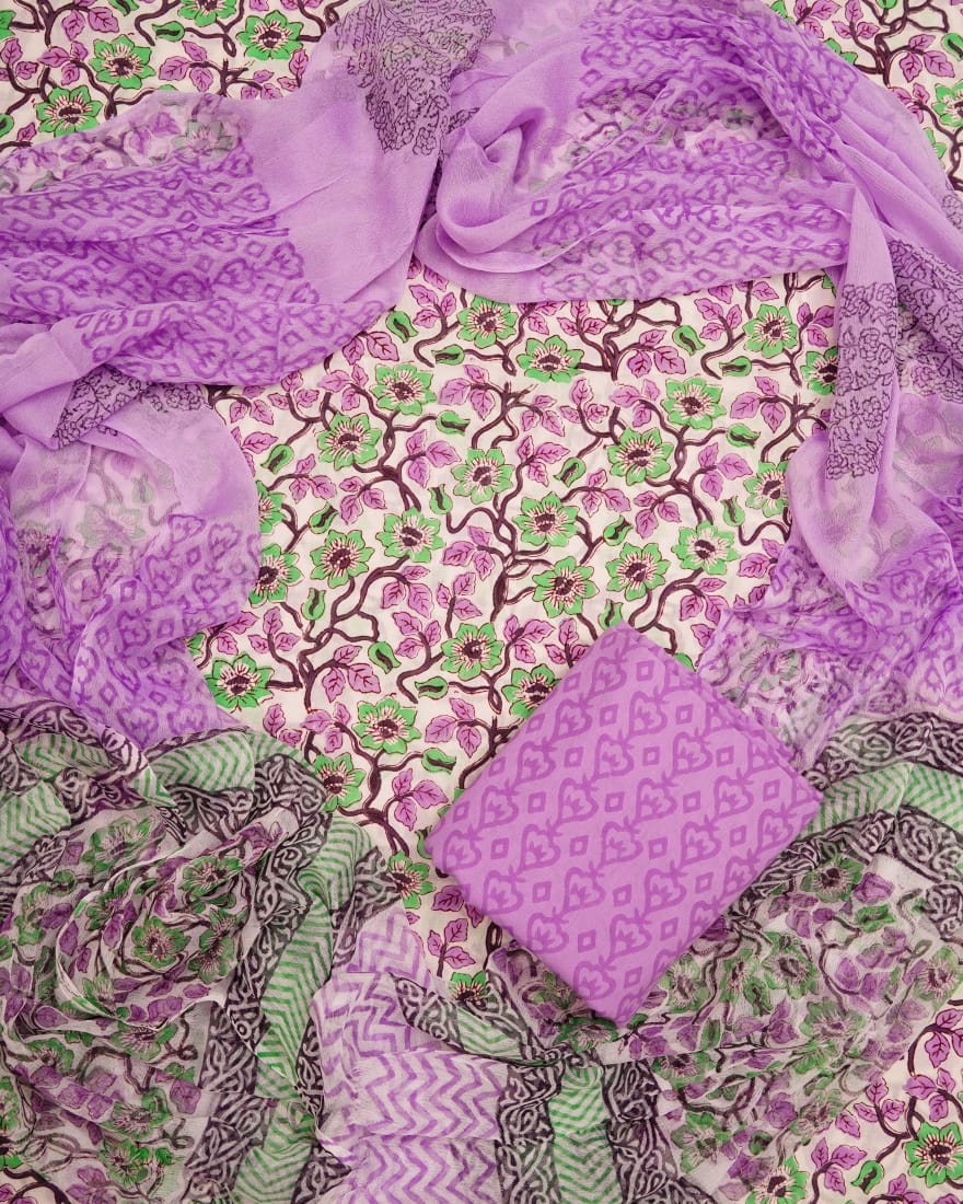 Hand Block Printed Pure Cotton Unstitched Suit With Chiffon Dupatta
