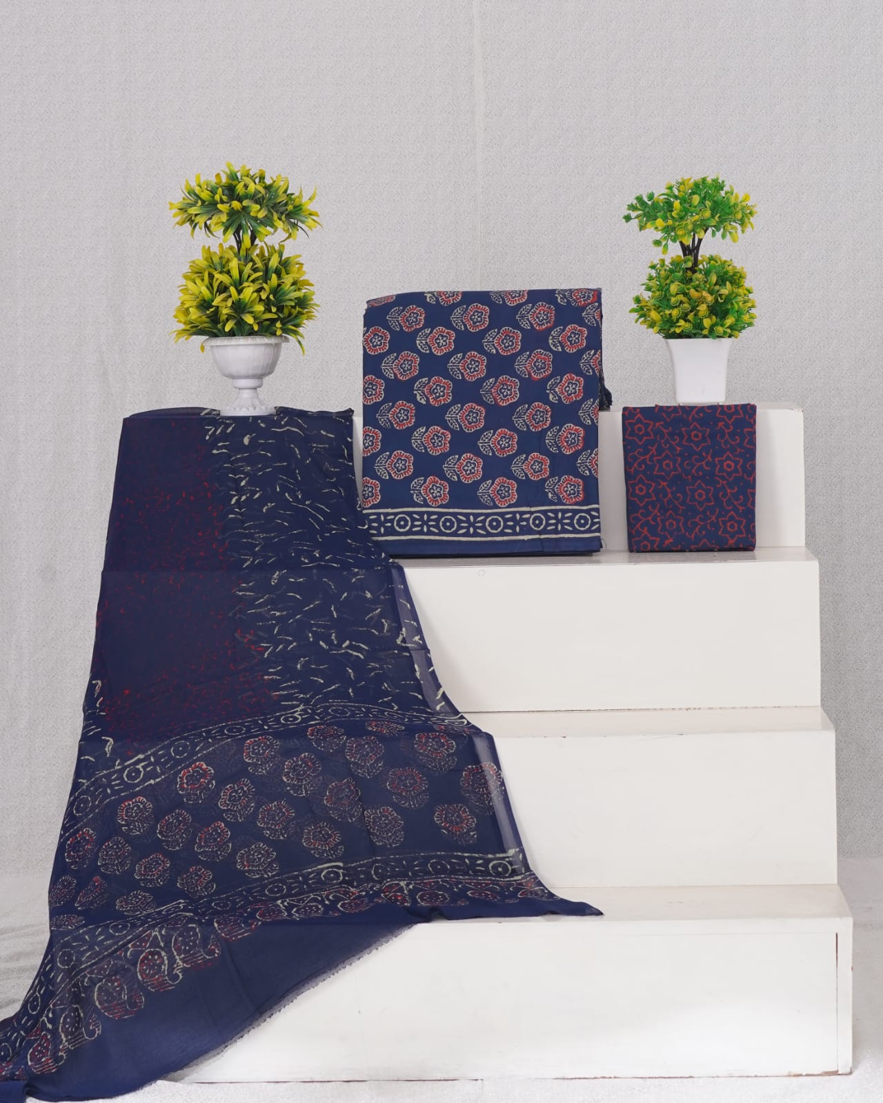 Hand Block Printed Pure Cotton Unstitched Suit With Chiffon Dupatta