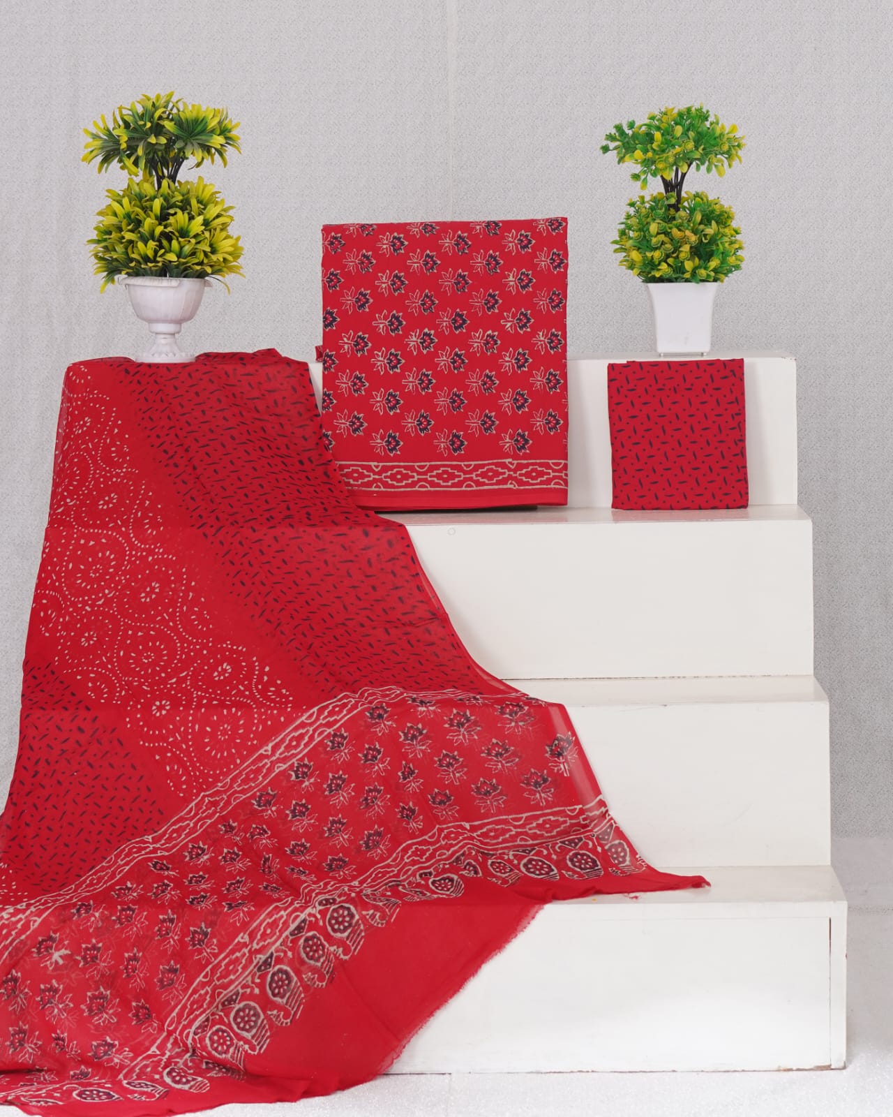 Hand Block Printed Pure Cotton Unstitched Suit With Chiffon Dupatta