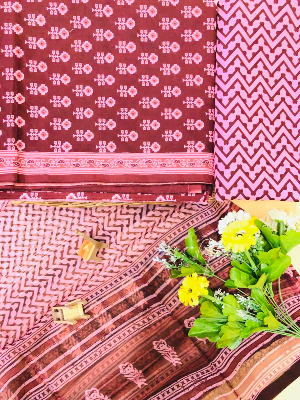 Hand Block Printed Pure Cotton Unstitched Suit With Chiffon Dupatta