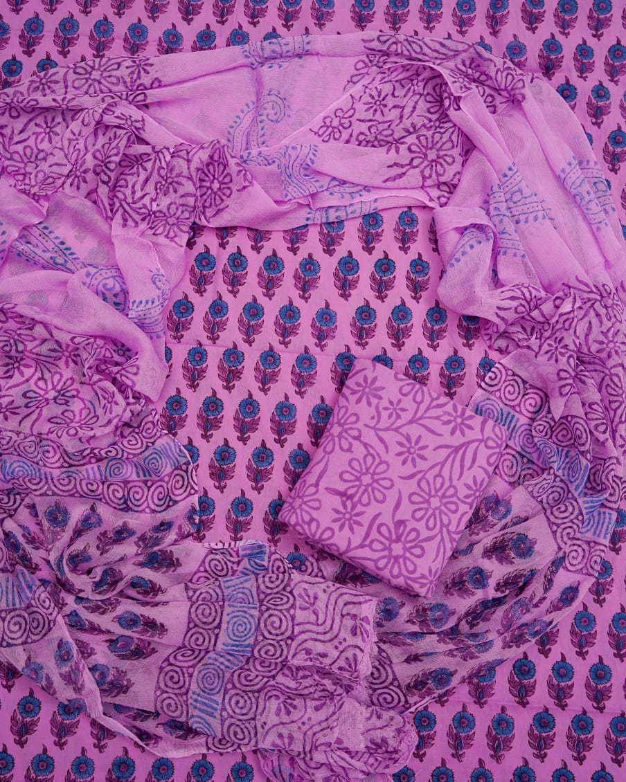Hand Block Printed Pure Cotton Unstitched Suit With Chiffon Dupatta