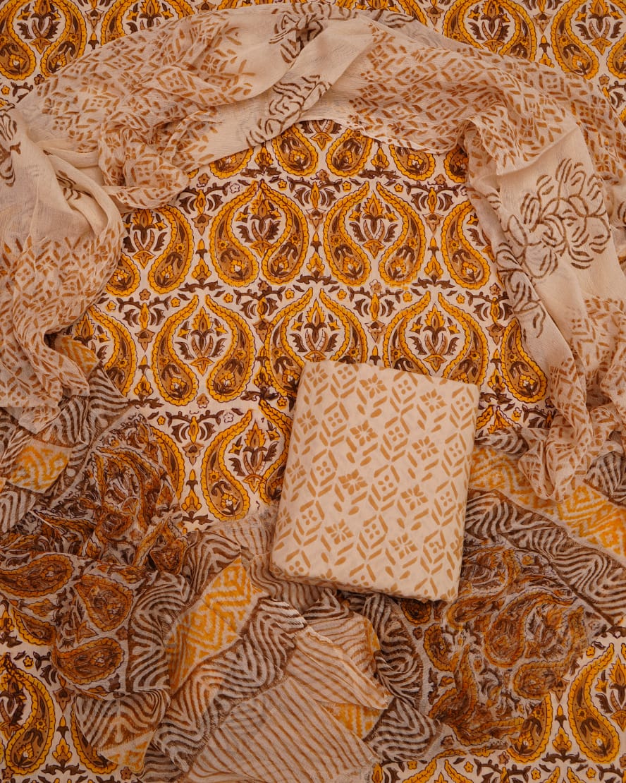 Hand Block Printed Pure Cotton Unstitched Suit With Chiffon Dupatta