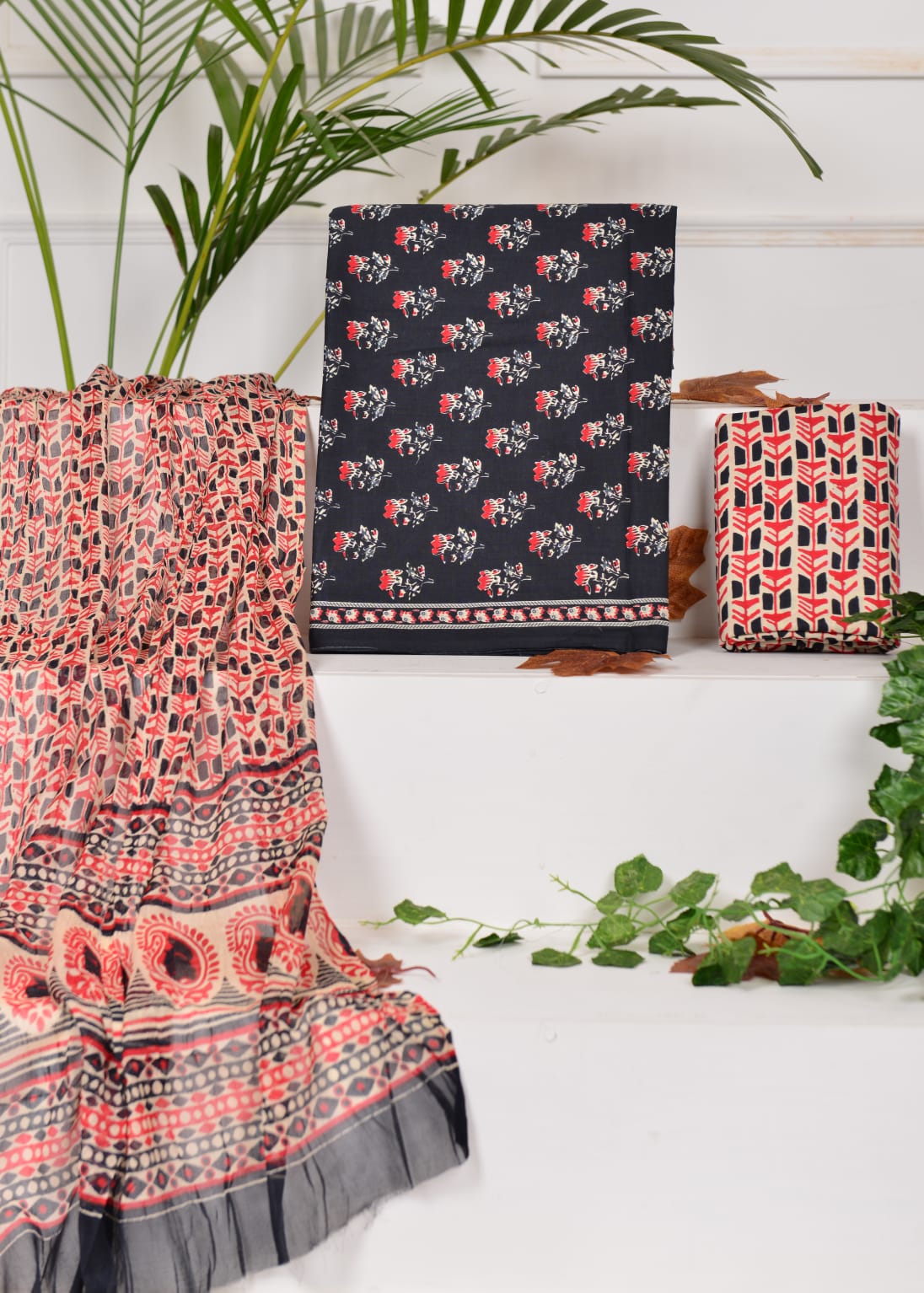 Hand Block Printed Pure Cotton Unstitched Suit With Chiffon Dupatta