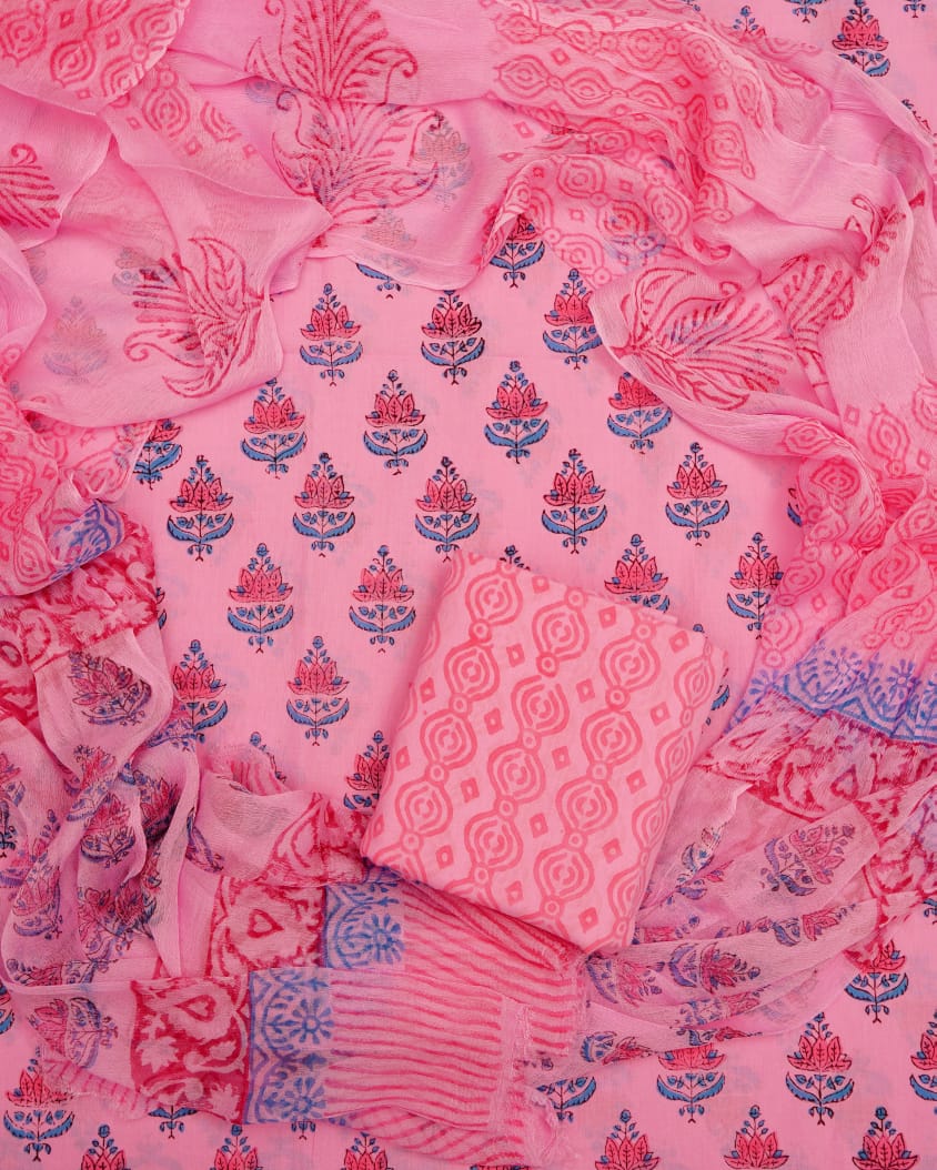 Hand Block Printed Pure Cotton Unstitched Suit With Chiffon Dupatta