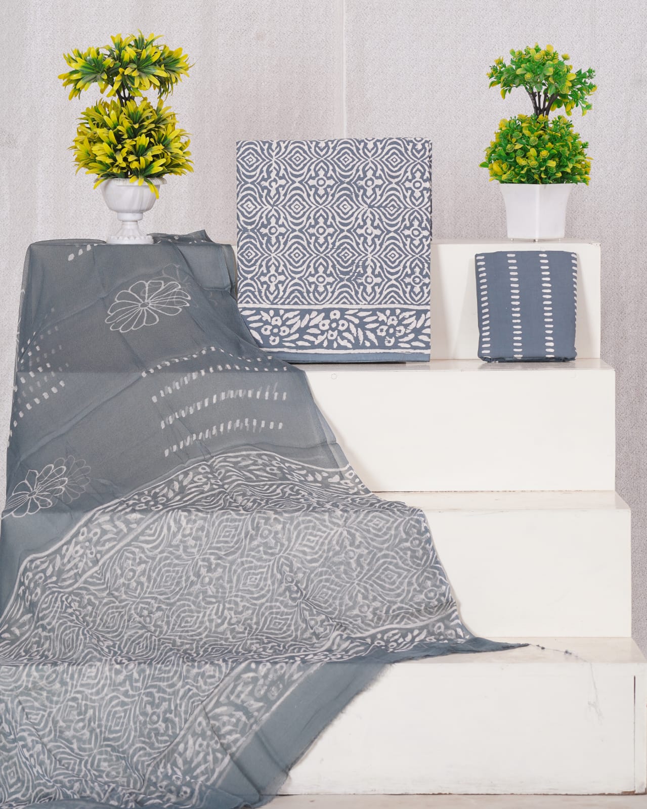 Hand Block Printed Pure Cotton Unstitched Suit With Chiffon Dupatta