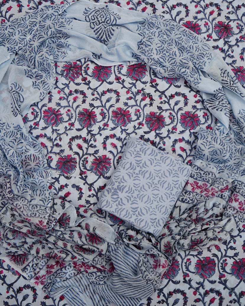 Hand Block Printed Pure Cotton Unstitched Suit With Chiffon Dupatta