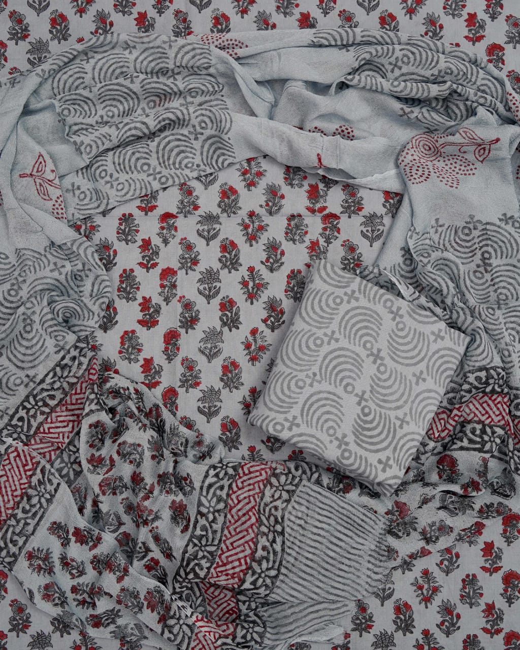 Hand Block Printed Pure Cotton Unstitched Suit With Chiffon Dupatta