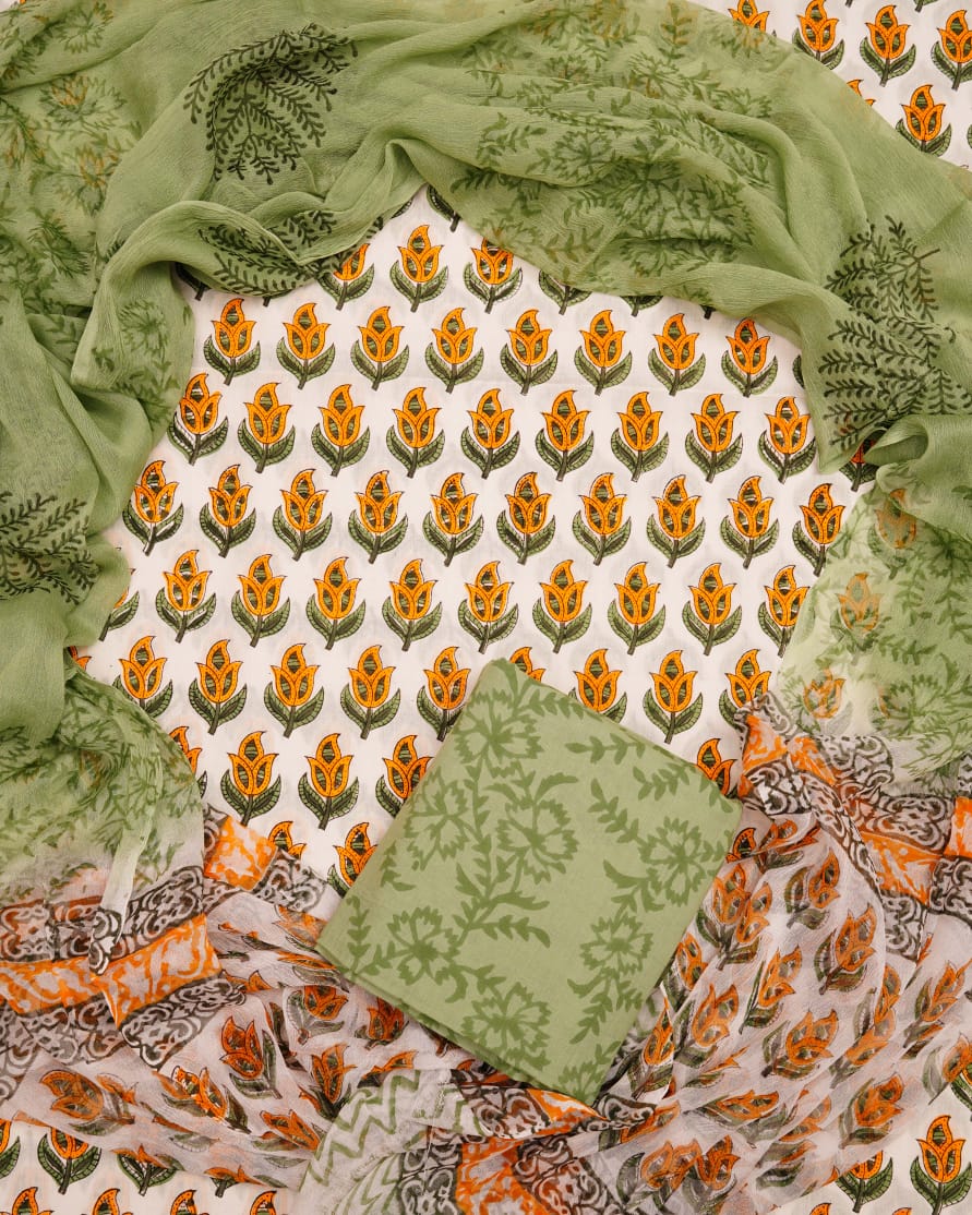 Hand Block Printed Pure Cotton Unstitched Suit With Chiffon Dupatta