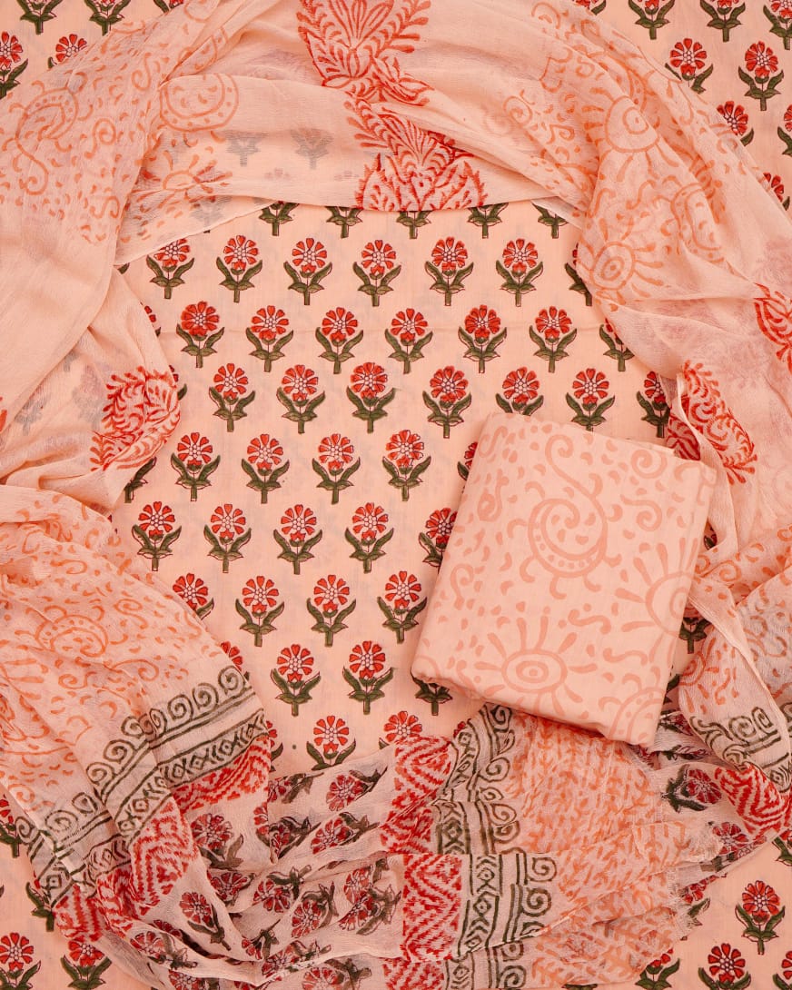 Hand Block Printed Pure Cotton Unstitched Suit With Chiffon Dupatta