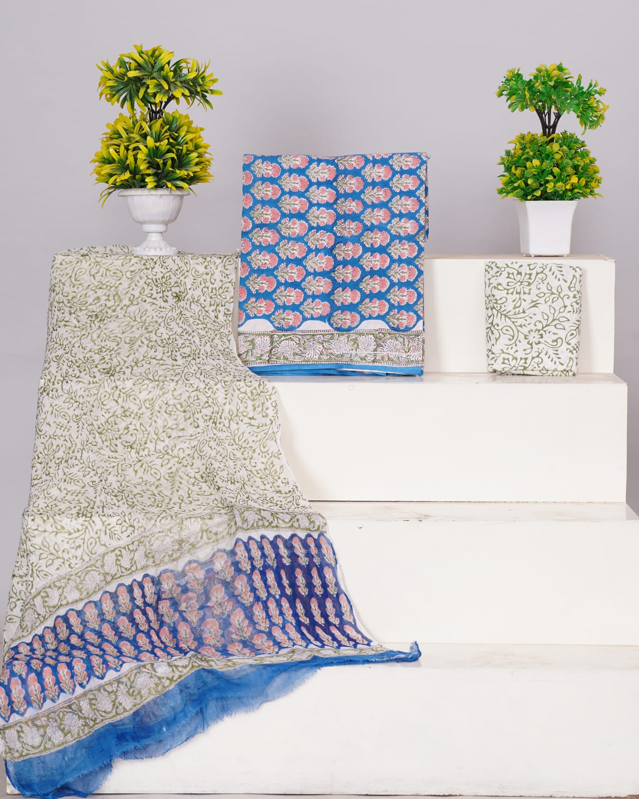 Hand Block Printed Pure Cotton Unstitched Suit With Chiffon Dupatta