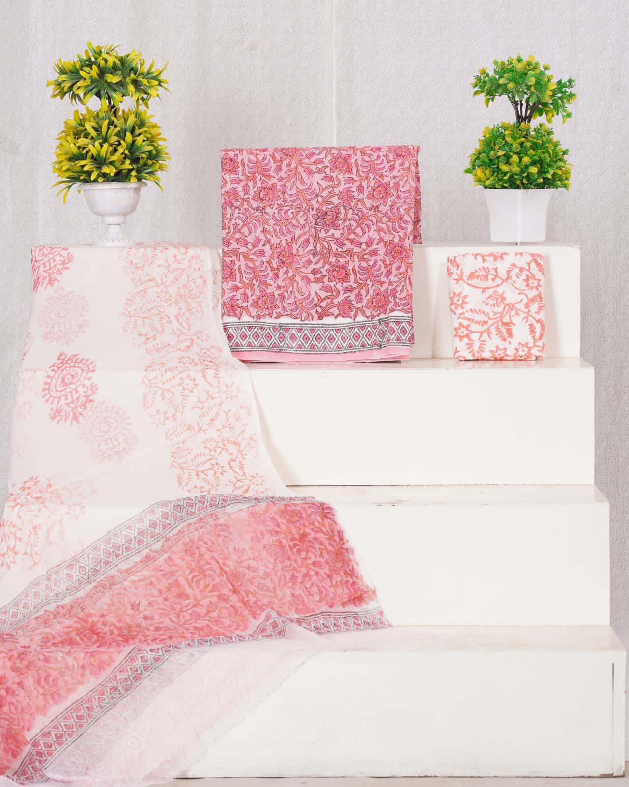 Hand Block Printed Pure Cotton Unstitched Suit With Chiffon Dupatta