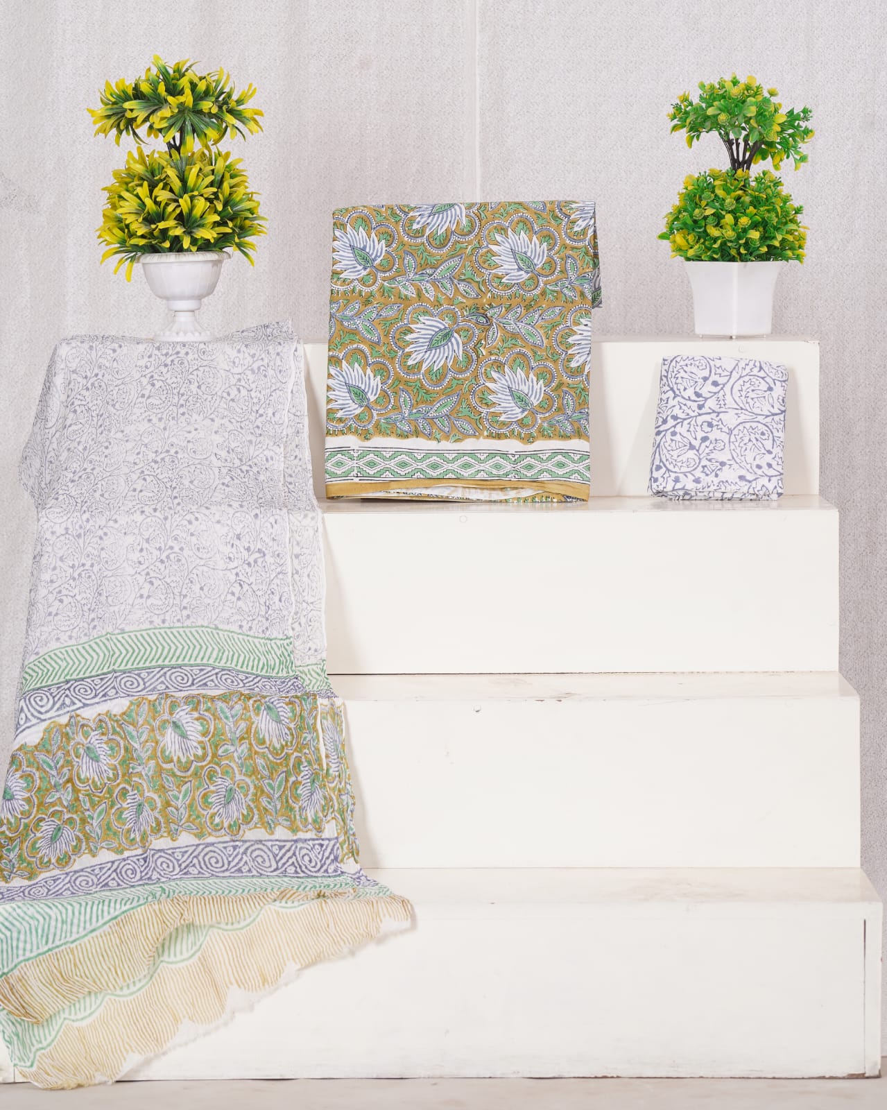 Hand Block Printed Pure Cotton Unstitched Suit With Chiffon Dupatta