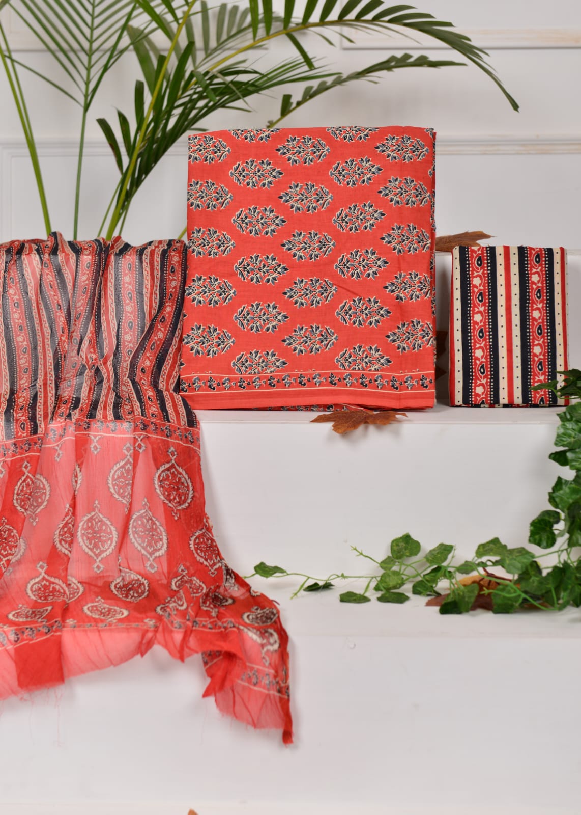 Hand Block Printed Pure Cotton Unstitched Suit With Chiffon Dupatta