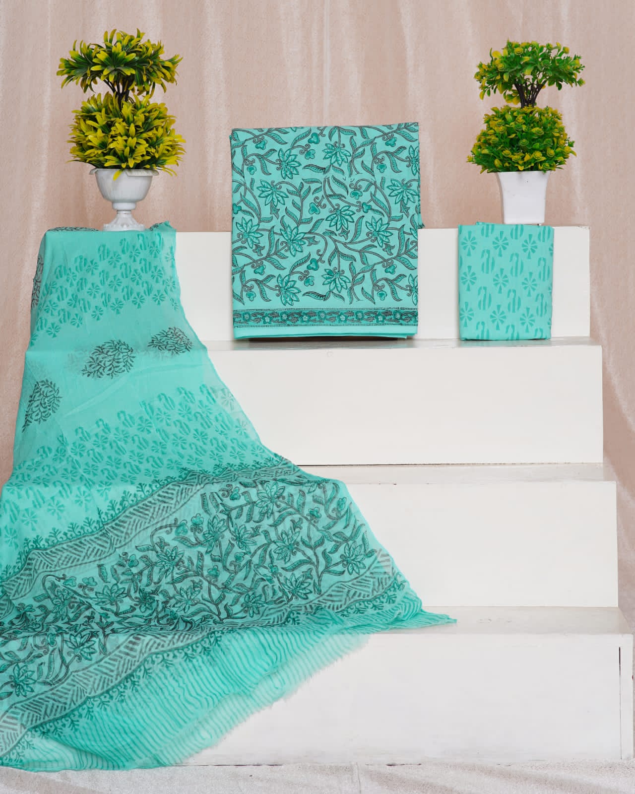 Hand Block Printed Pure Cotton Unstitched Suit With Chiffon Dupatta