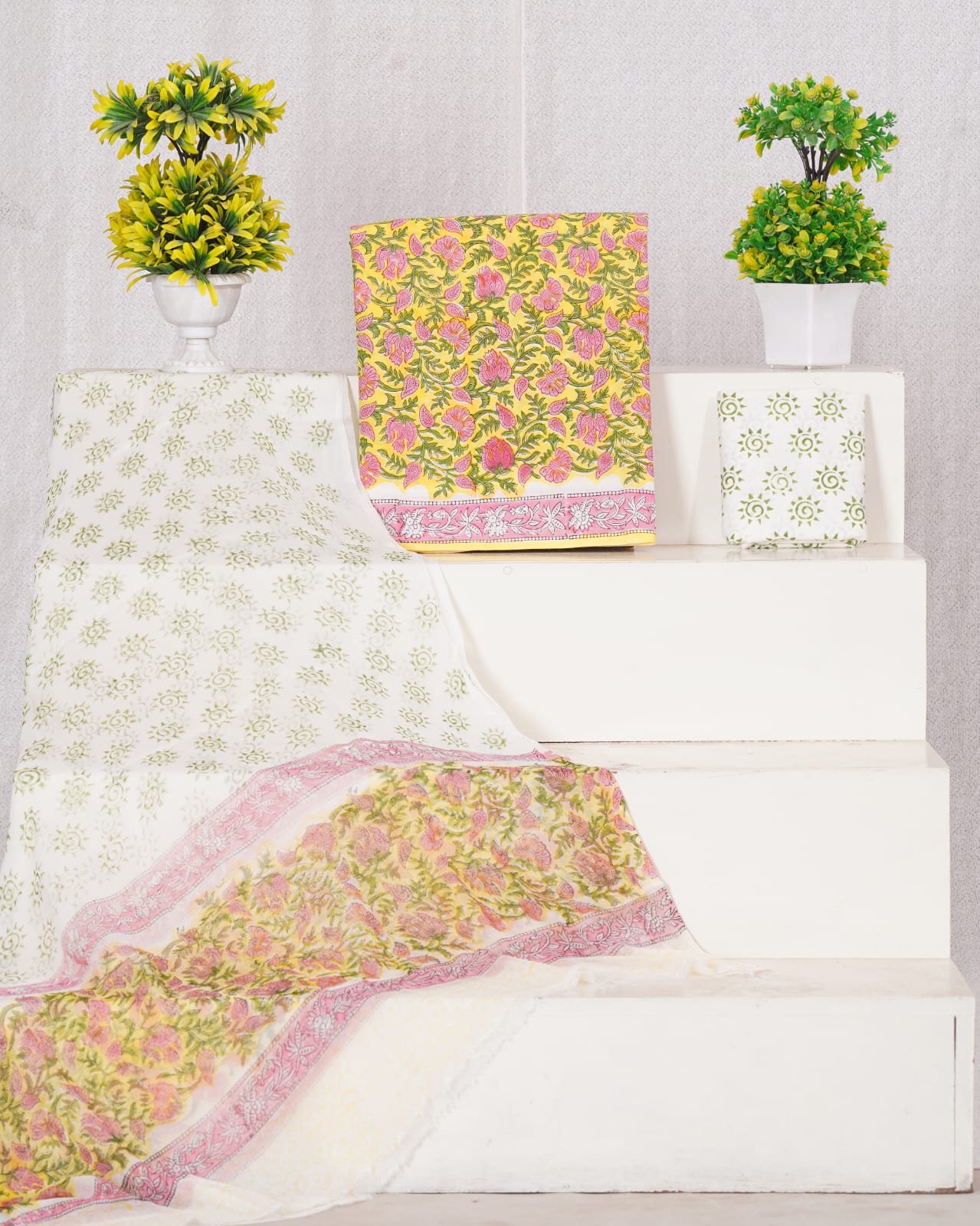 Hand Block Printed Pure Cotton Unstitched Suit With Chiffon Dupatta