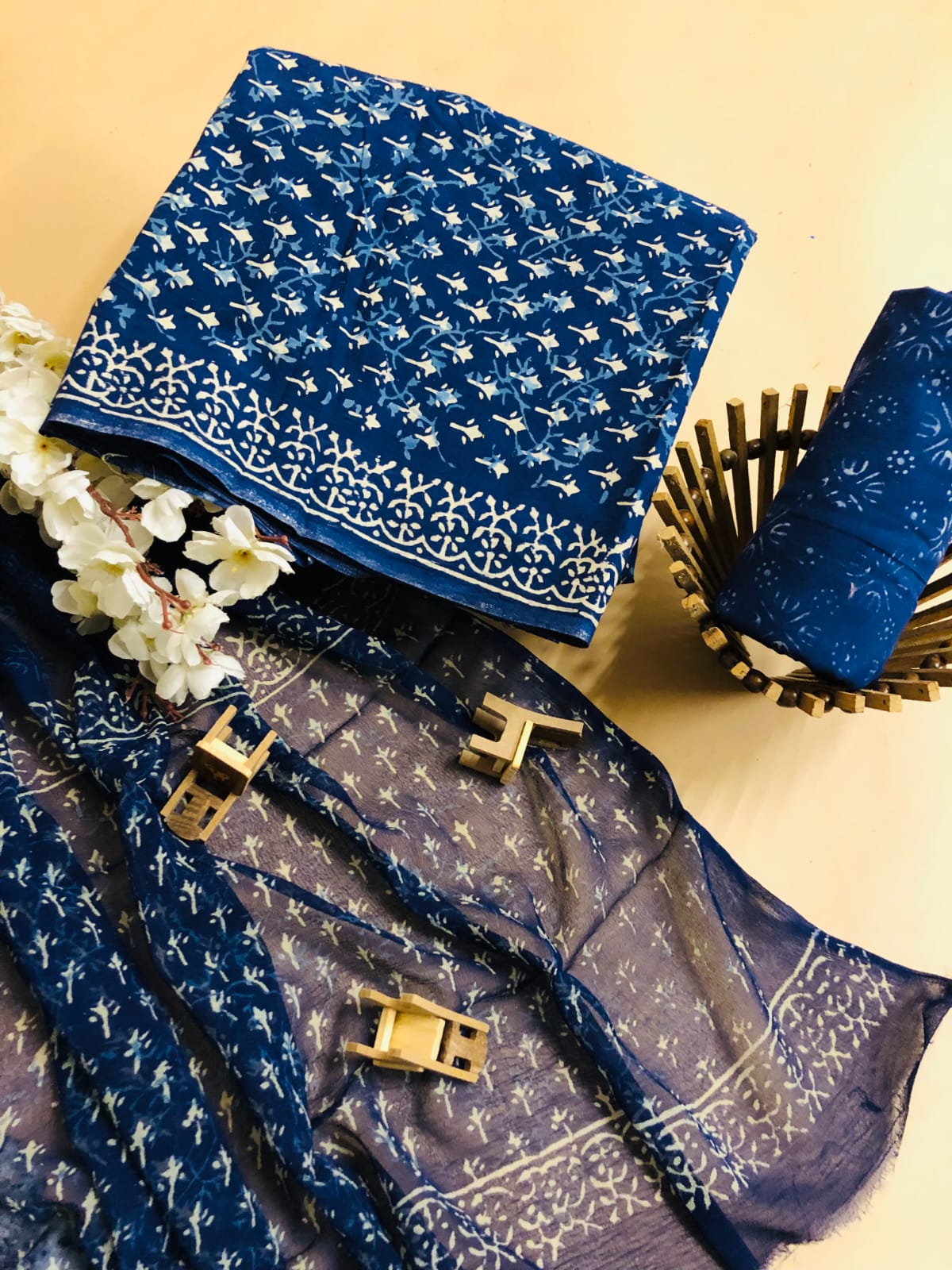 Hand Block Printed Pure Cotton Unstitched Suit With Chiffon Dupatta